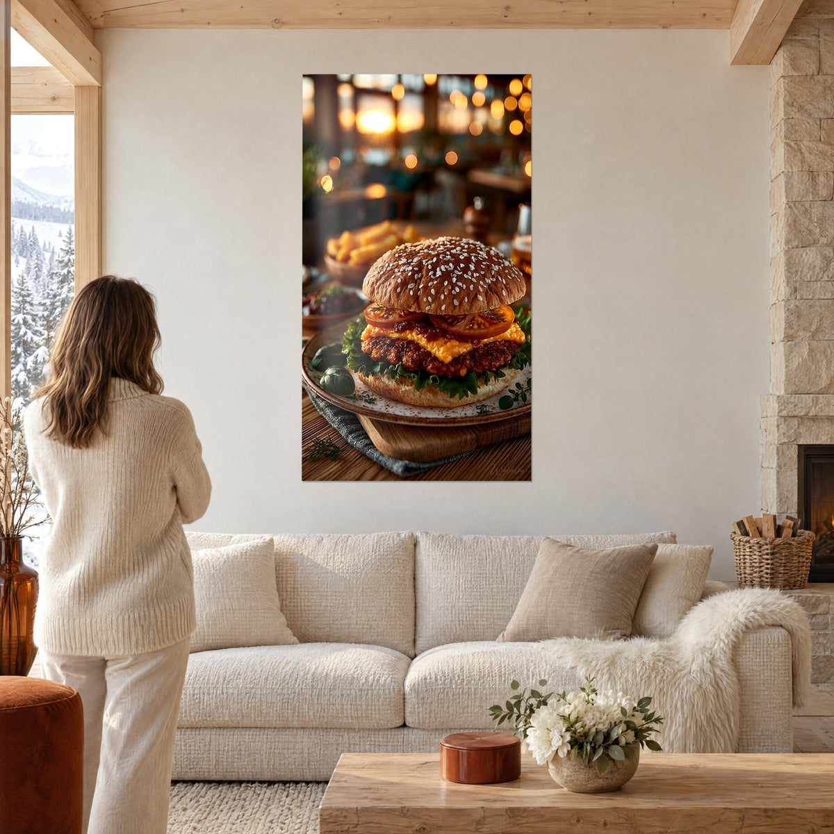 Obraz wykwintny burger ze złotym francuskim tostem, roztopionym cheddarem i zieloną sałatą, kobieta tyłem nad kanapą w jasnym salonie