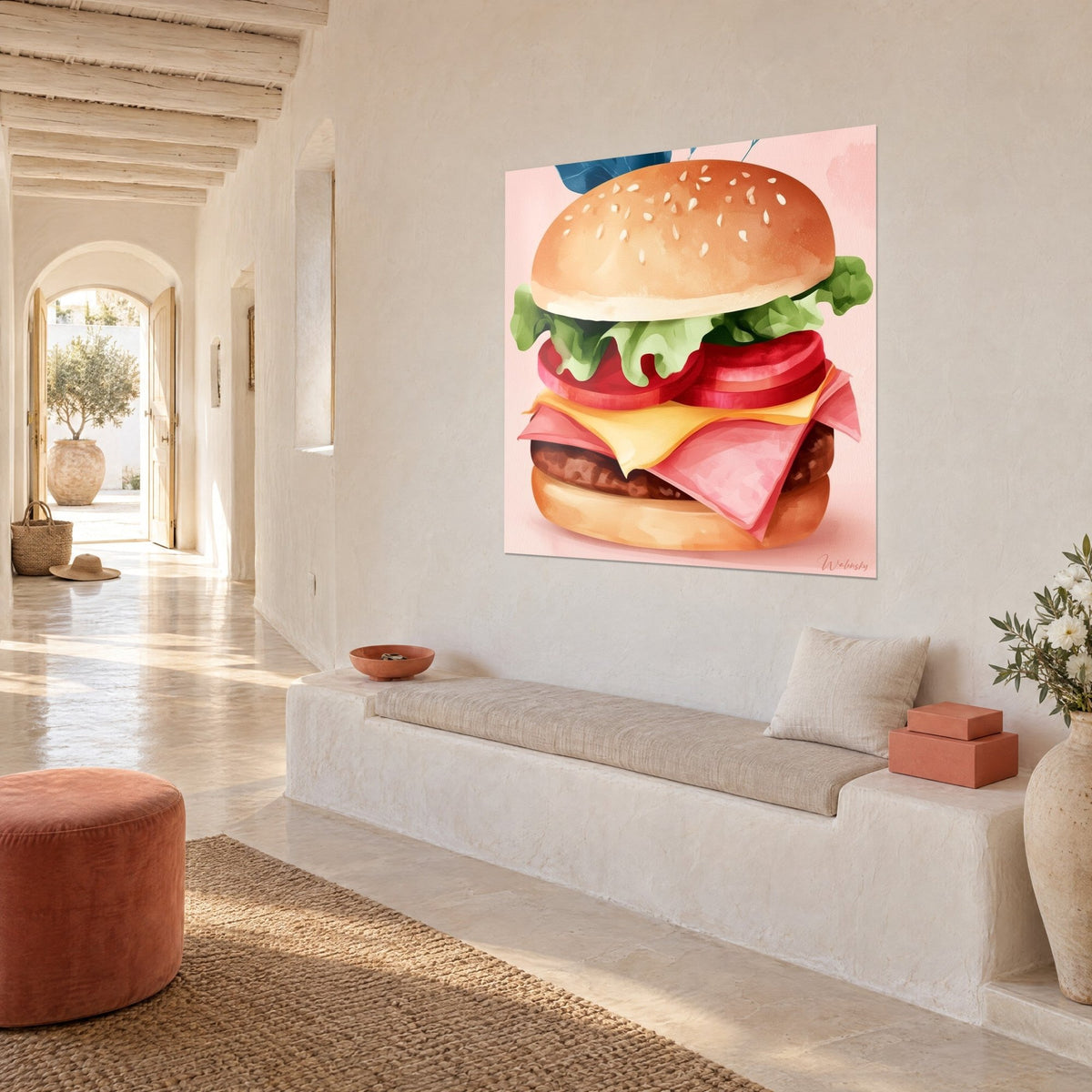 Tableau cheeseburger gourmand, salade vert tendre, tomates rouges et fromage jaune, sur un mur blanc d'une maison méditerranéenne