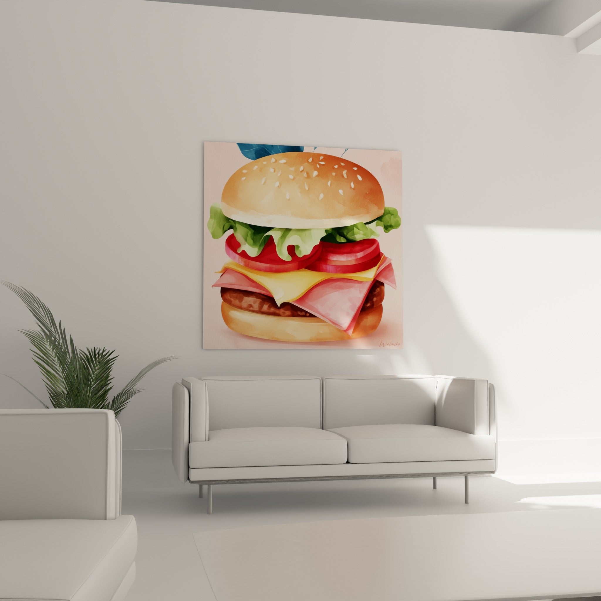 Burger coloré au pain brioché et laitue verte, suspendu au-dessus d'un canapé dans un salon lumineux