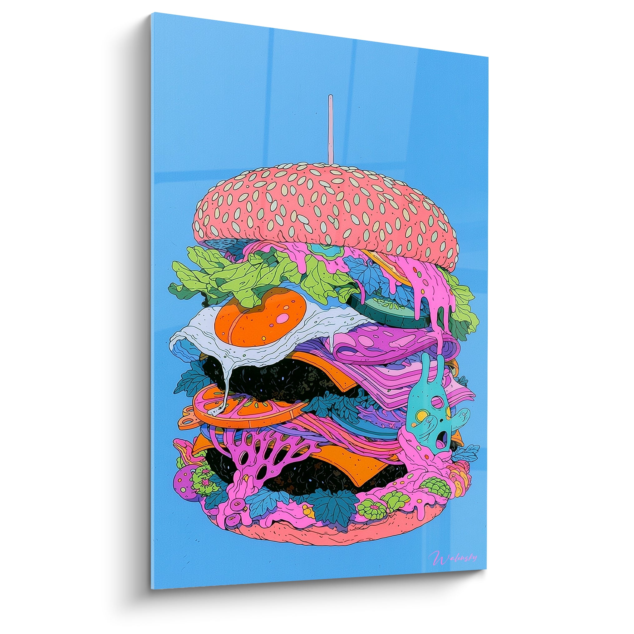 Burger fuchsia et anthracite empilé de garnitures colorées sur fond bleu ciel graphique