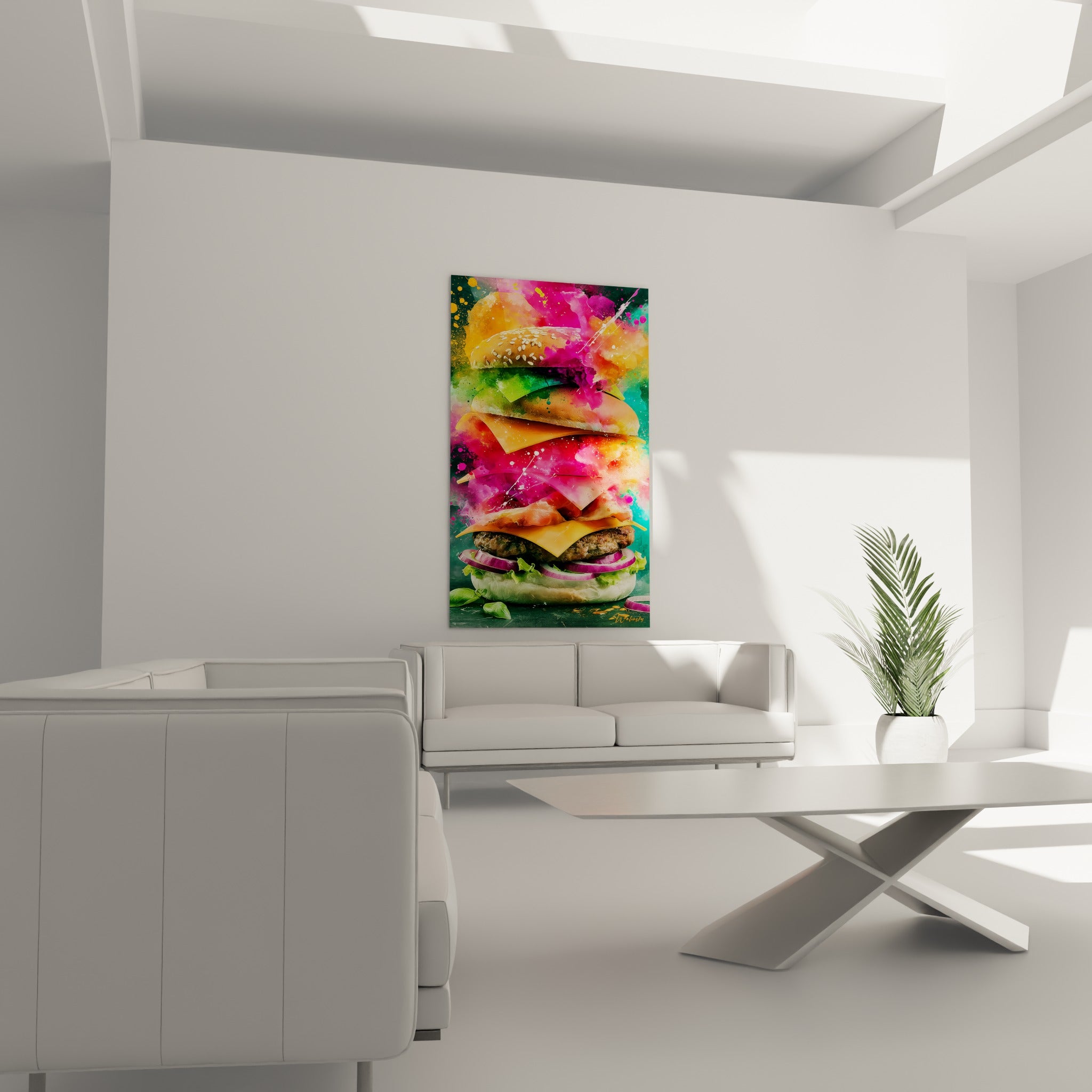 Sandwich coloré aux tons orangés et fuchsia placé au-dessus d'un canapé dans un salon lumineux