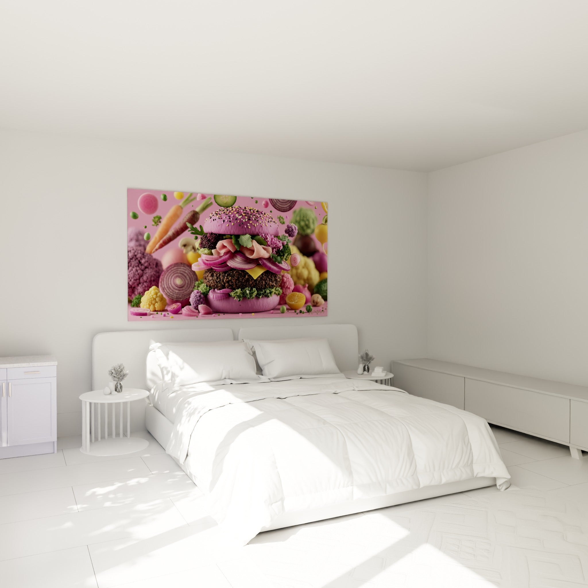 Composition gourmande rose fuchsia et violette d'un burger, accrochée au-dessus d'un lit dans une chambre claire