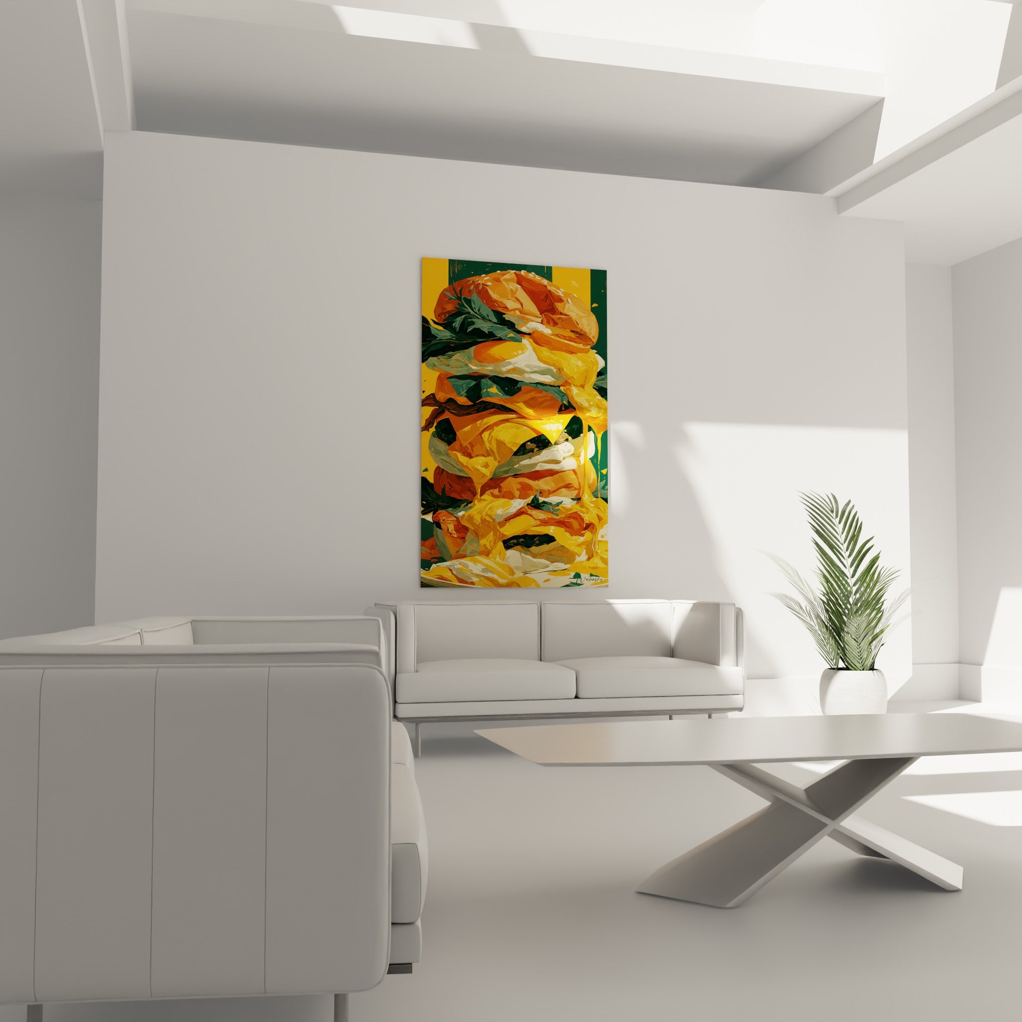 Sandwich géant doré et vert au fromage coulant, disposé au-dessus d'un canapé dans un salon lumineux