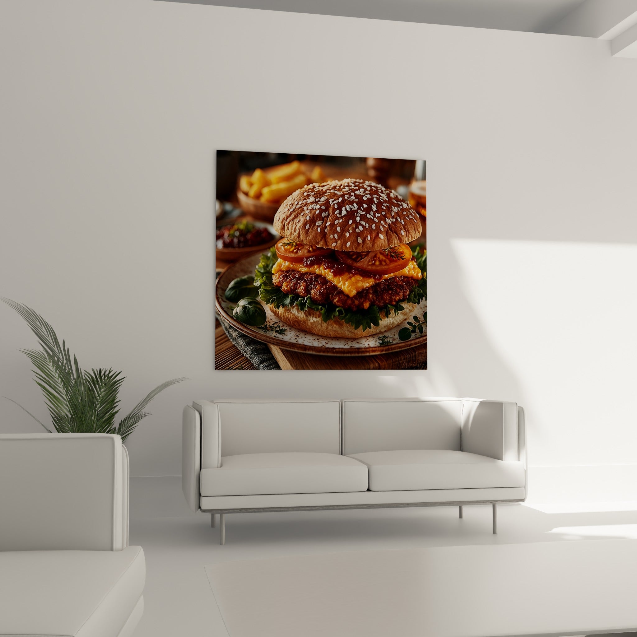 Burger généreux aux tomates rouges et salade verte, au-dessus d'un canapé dans un salon lumineux
