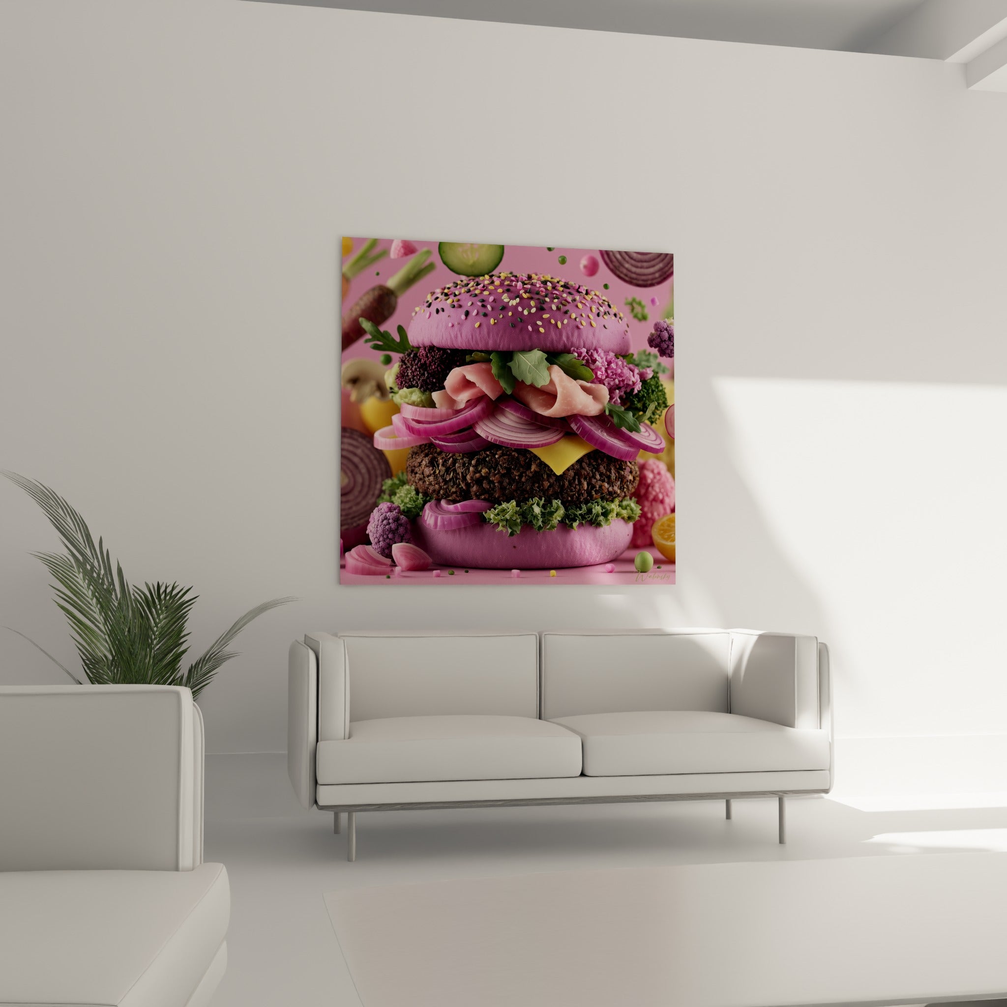 Composition gourmande rose et verte représentant un burger accroché au-dessus d'un canapé dans un salon lumineux