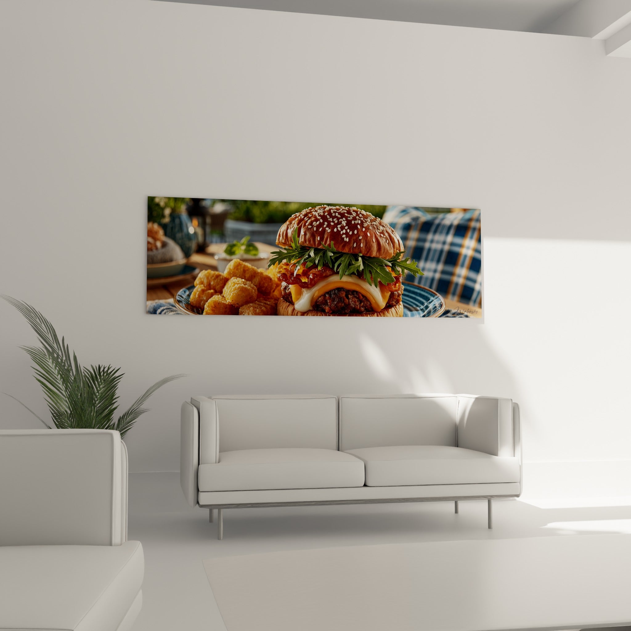 Pain brioché sésame et fromage coulant orange accroché au-dessus d'un canapé dans un salon lumineux