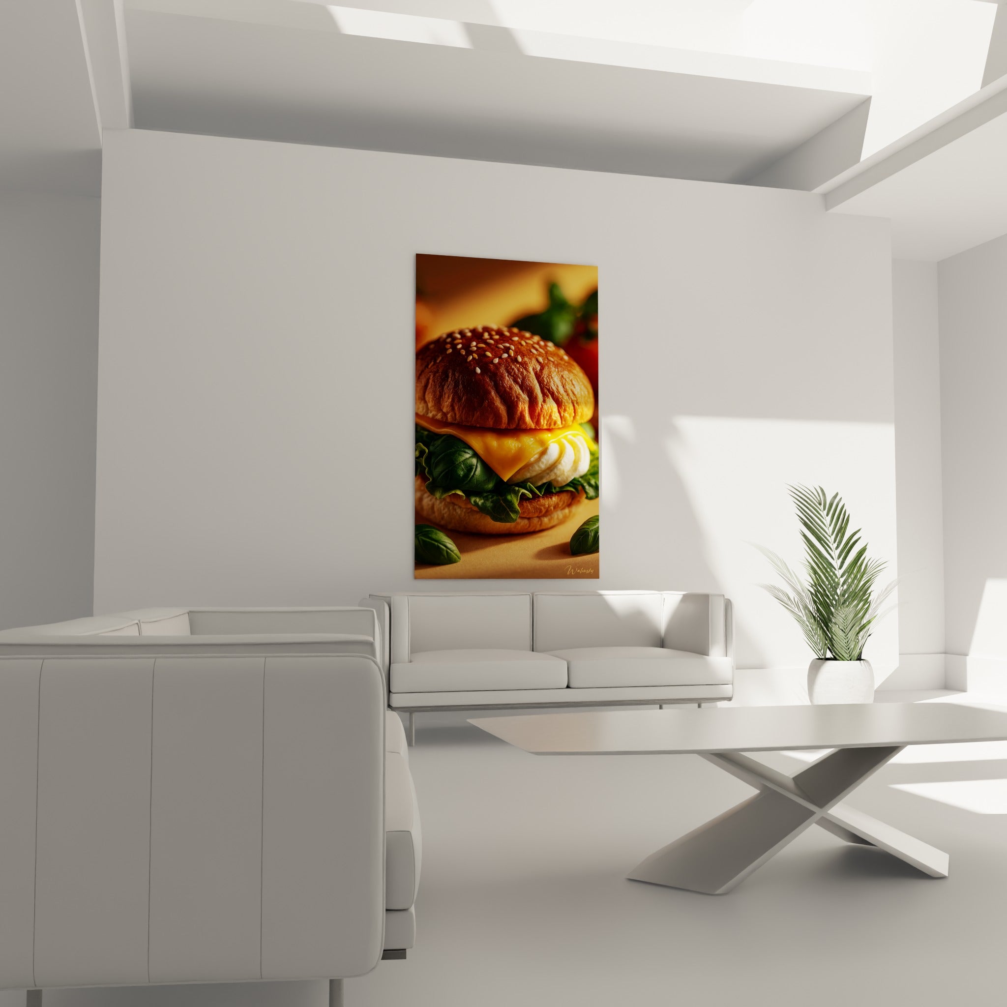 Pain brioché sésame et fromage coulant au-dessus d'un canapé dans un salon lumineux
