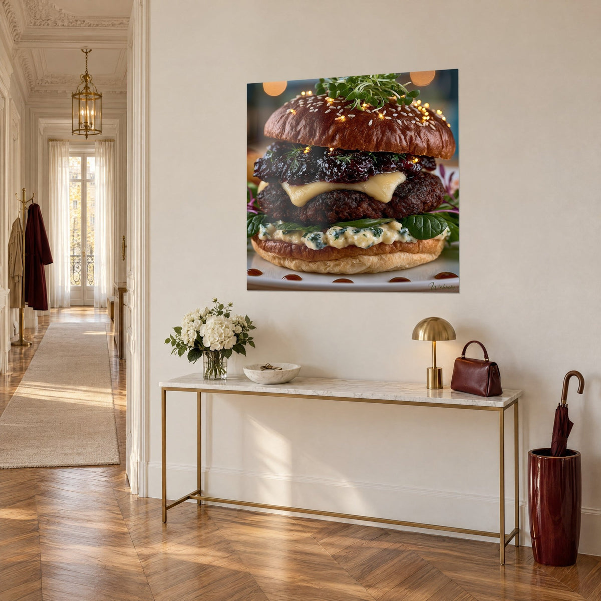 Tableau sandwich garni de confiture pourpre, steak brun et pain sésame doré, vu de trois-quarts dans un couloir haussmannien