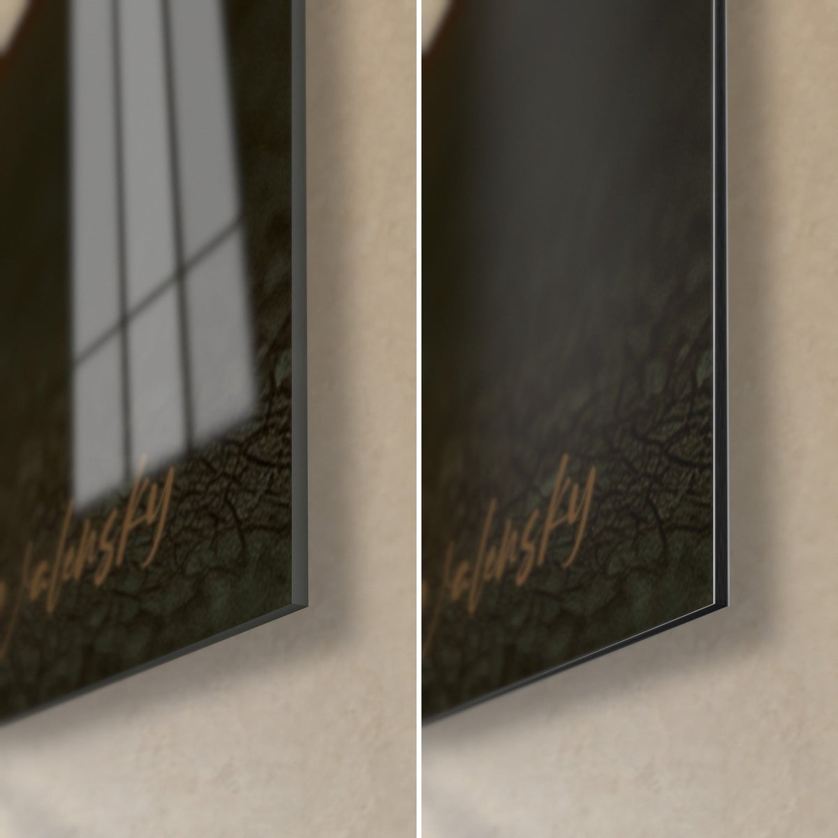 Tableau burger brioché ambré, coin bas droit : verre acrylique brillant aux reflets noirs à gauche, alu Dibond mat à droite, tranche de 3 mm