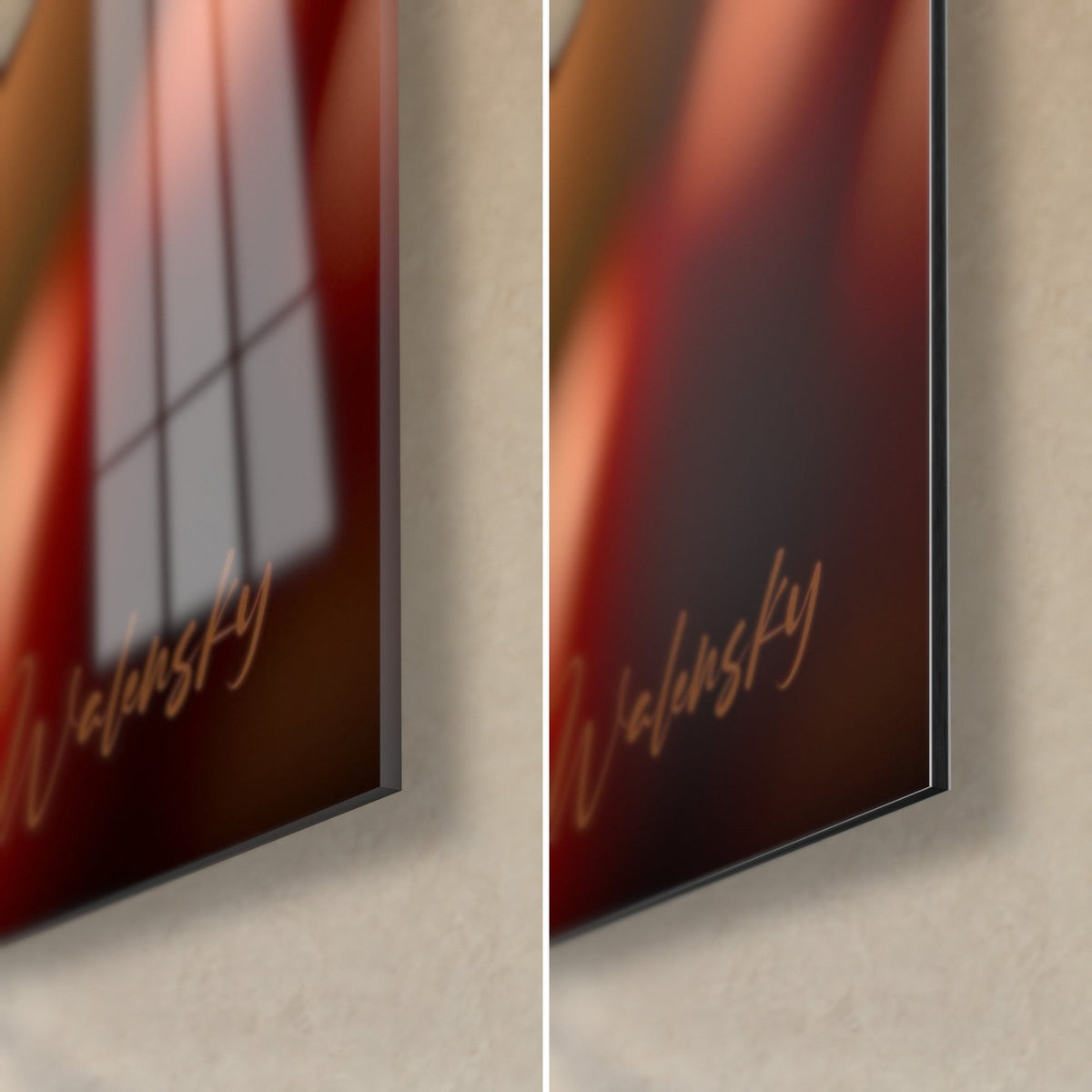 Tableau burger gourmand, reflets rouge et brun sur verre acrylique brillant à gauche, alu Dibond mat à droite, tranche 3 mm