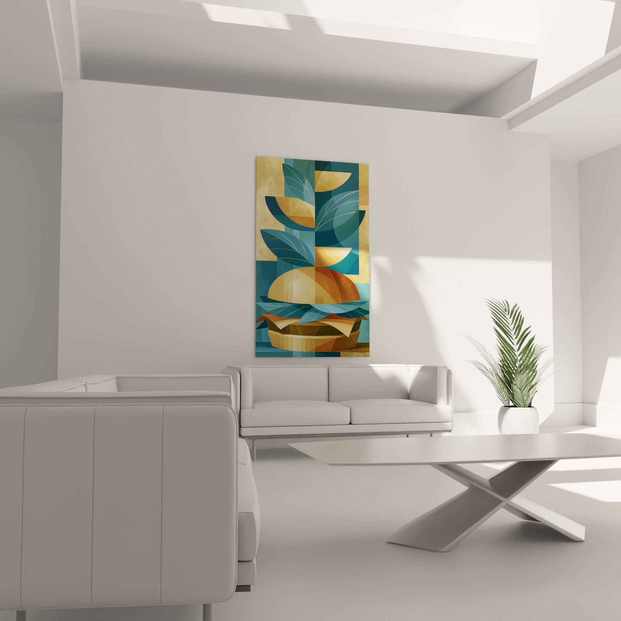 Composition graphique bleu et or représentant un burger, accrochée au-dessus d'un canapé dans un salon lumineux