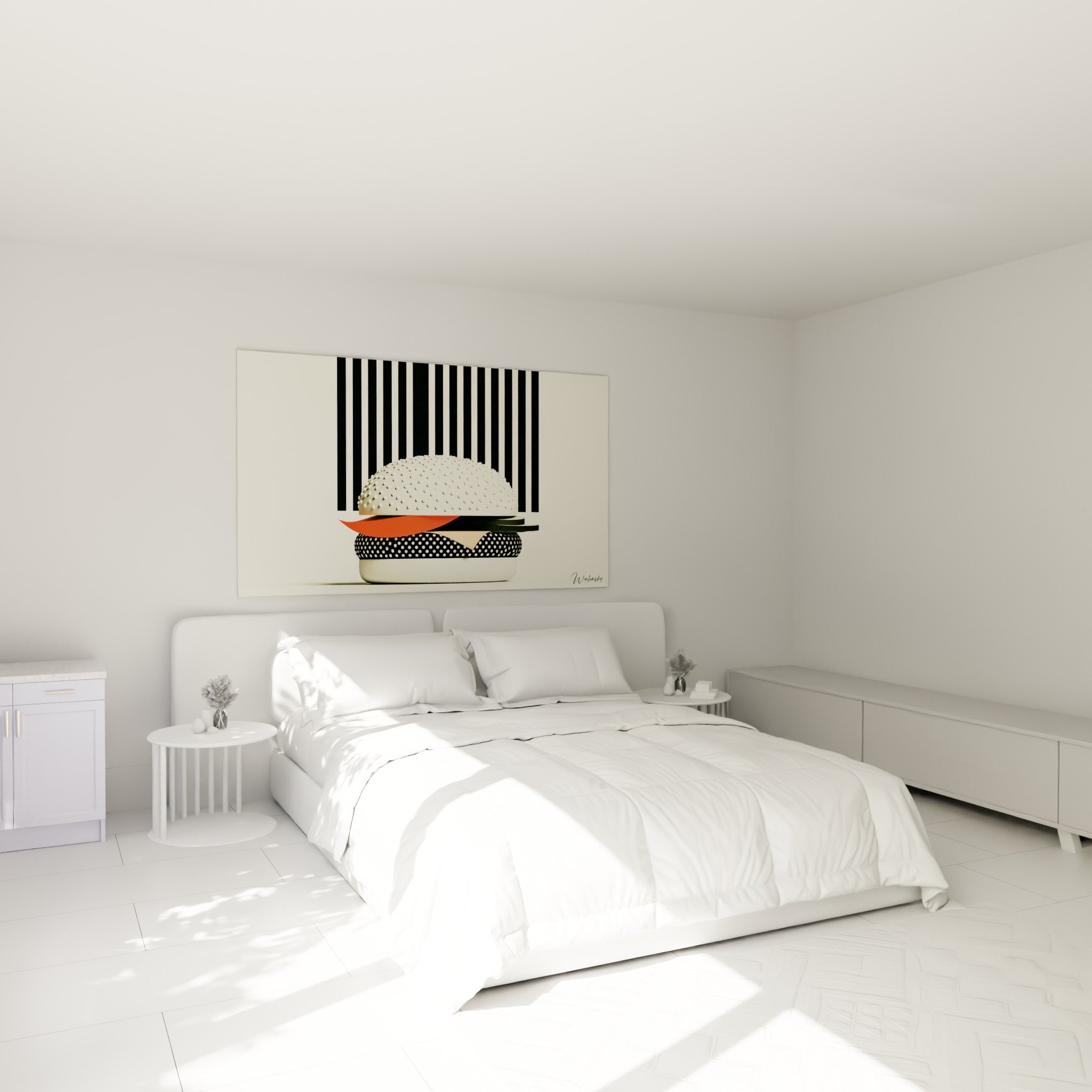 Burger graphique à pois noir et blanc, touche orange vif, au-dessus d'un lit dans une chambre claire