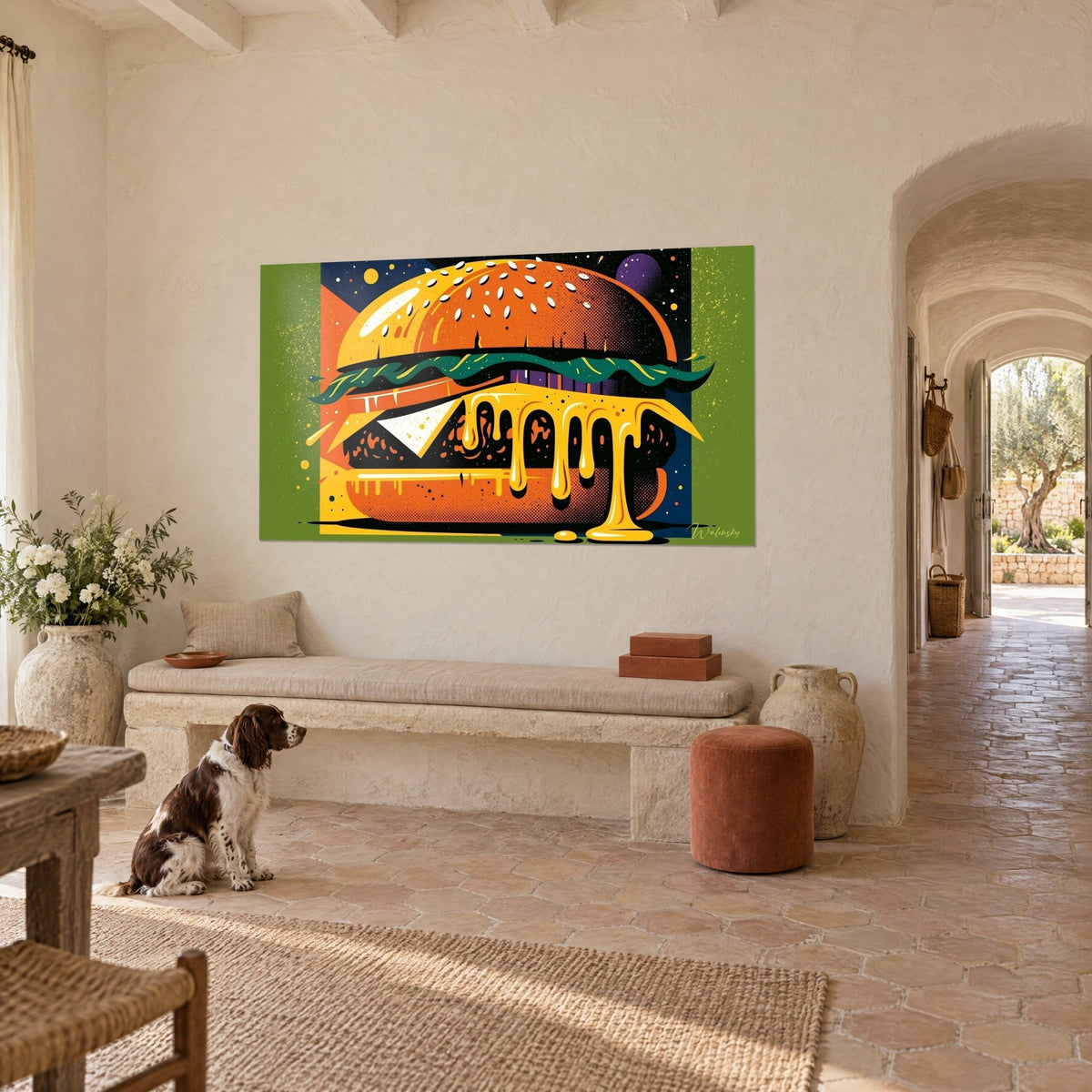 Quadro hamburger gigante con semi di sesamo bianchi, insalata verde ondulata e cheddar dorato fuso, spaniel seduto, panca in pietra di un mas provenzale