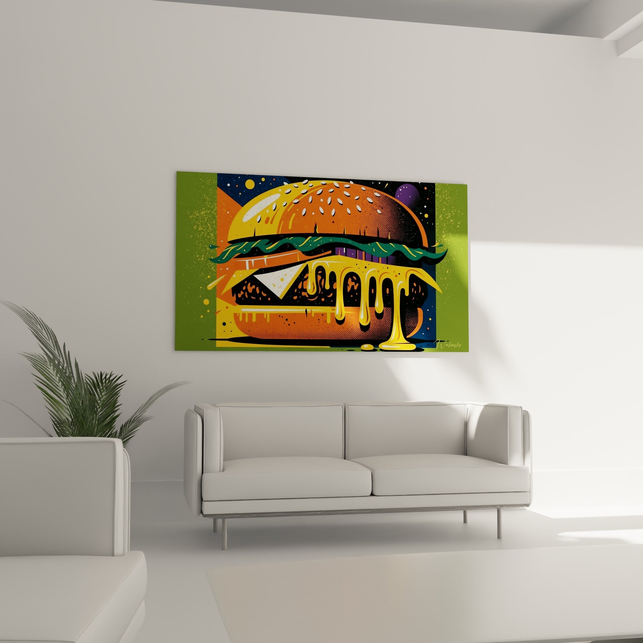 Composition graphique de burger jaune et vert au fromage fondu, au-dessus d'un canapé dans un salon lumineux