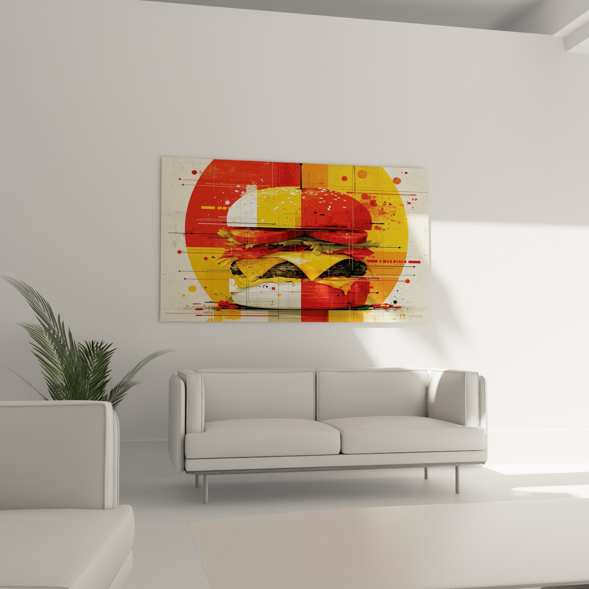 Sandwich gourmand rouge et doré sur fond graphique, positionné au-dessus d'un canapé dans un salon lumineux