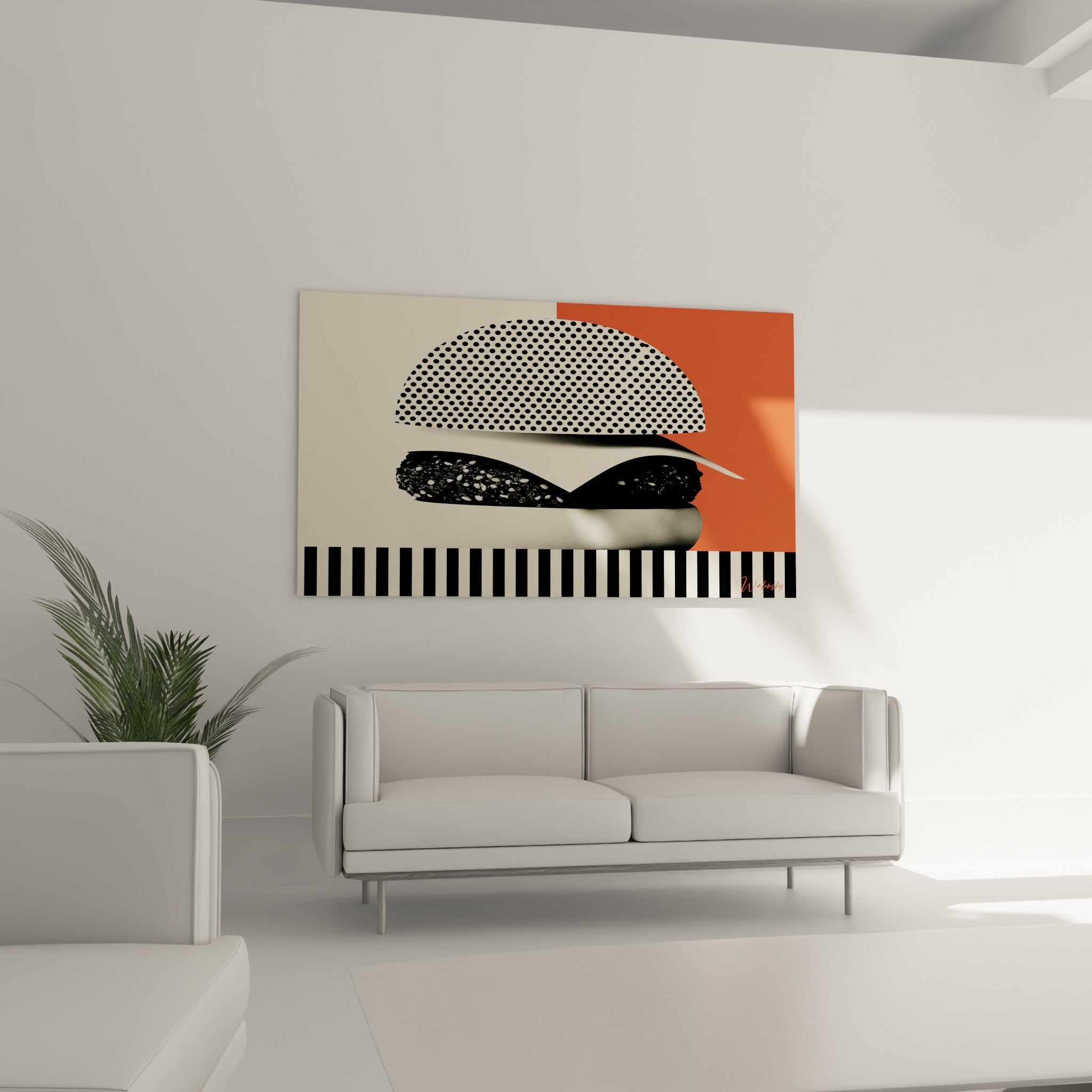 Burger stylisé aux pointillés noir et blanc au-dessus d'un canapé dans un salon lumineux
