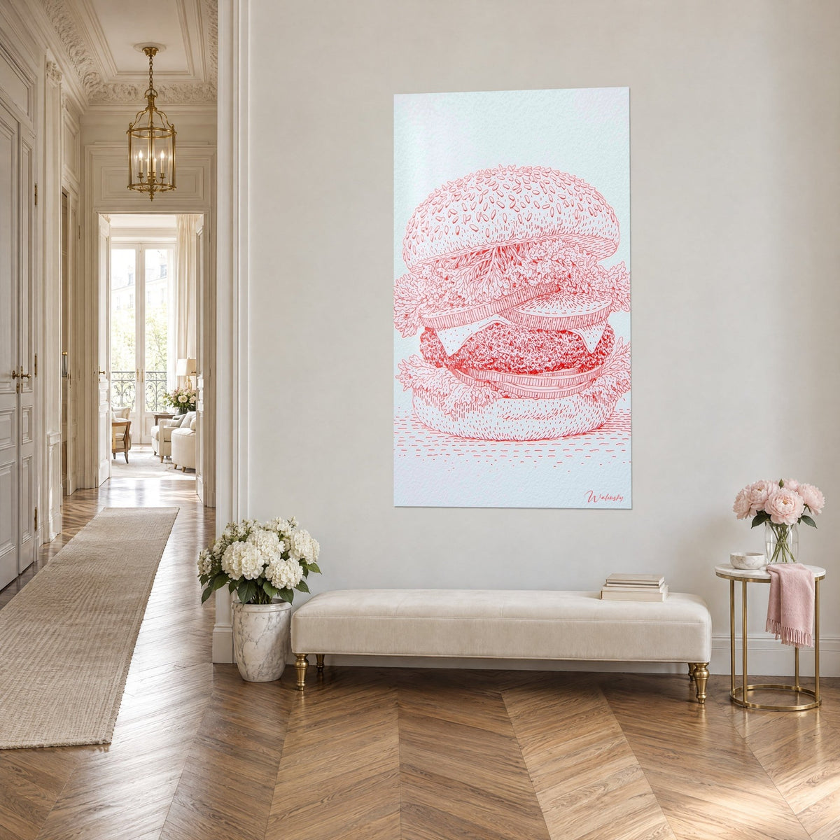Tableau sandwich géant dessiné en pointillé écarlate sur papier ivoire, laitue frisée et steak, vu de trois-quarts dans un couloir haussmannien