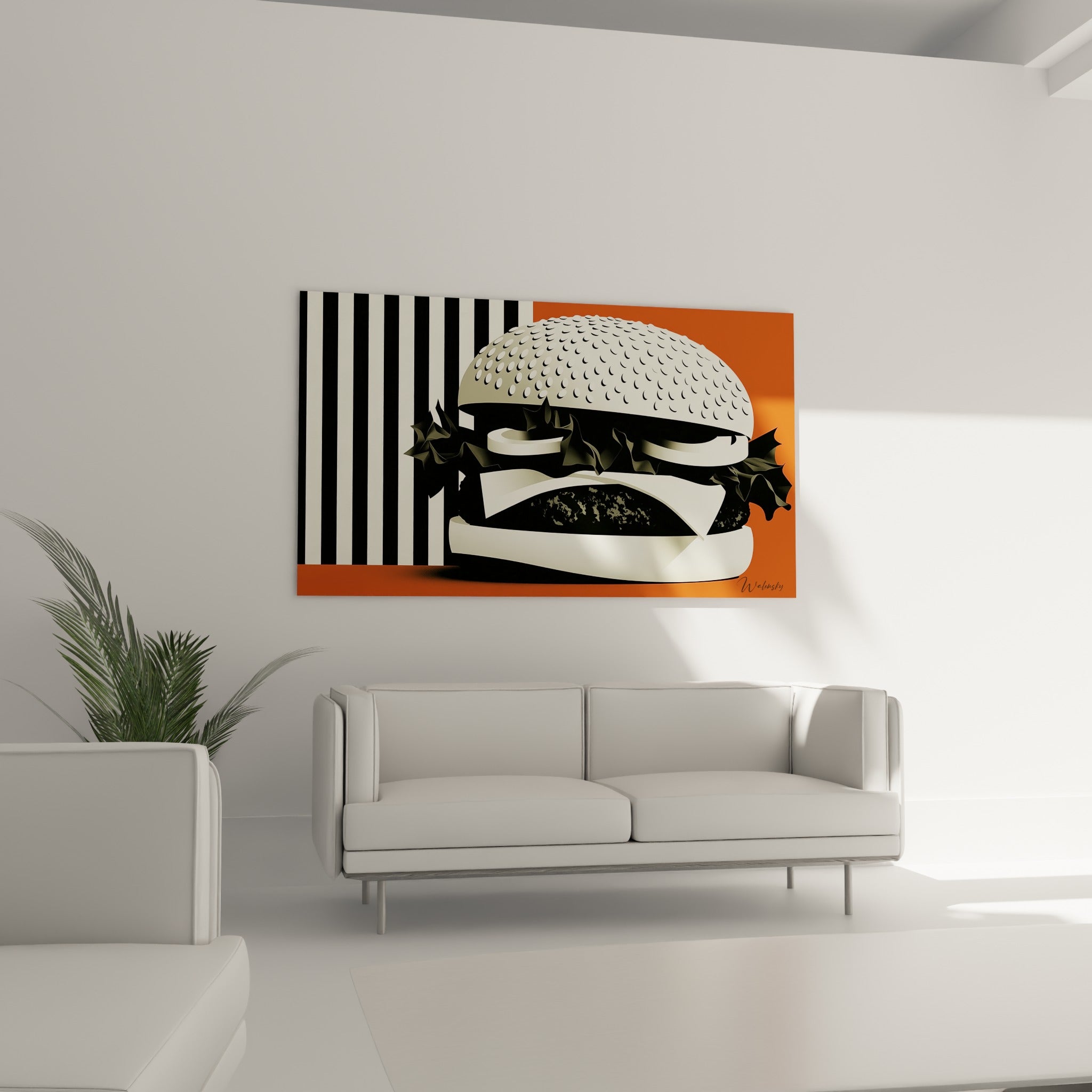 Composition gourmande aux rayures noires et blanches, disposée au-dessus d'un canapé dans un salon lumineux