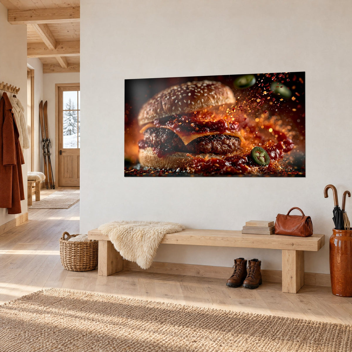Tableau burger grillé, cheddar fondu et sauce écarlate sur galette brune, accroché en chalet, vue de trois-quarts sur un mur blanc