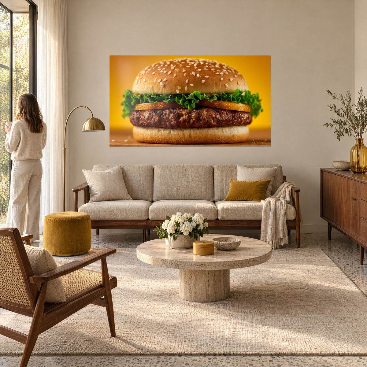 Tableau cheeseburger géant au pain sésame doré, salade verte frisée, fond jaune moutarde, au-dessus d'un canapé dans un salon lumineux