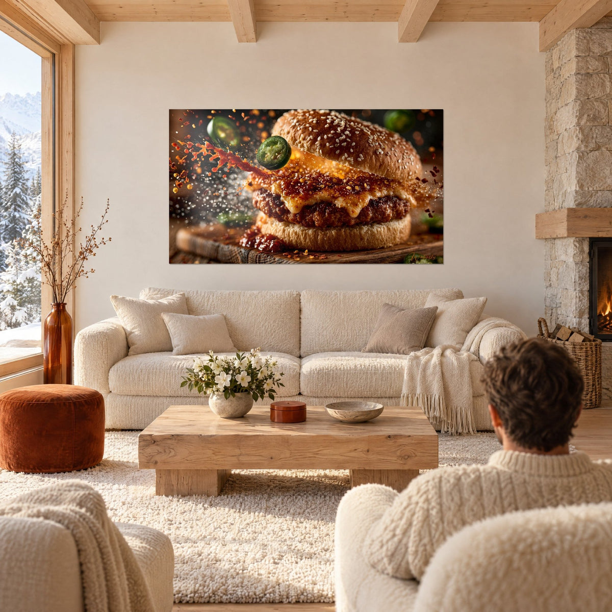 Quadro cheeseburger fumante, panino dorato al sesamo e peperoncino verde, una coppia di spalle sopra un divano in un soggiorno luminoso