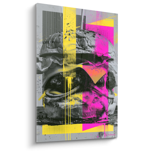 Dipinto Burger in bianco e nero con schizzi fluo - Esplosione urbana - Edizione Burger