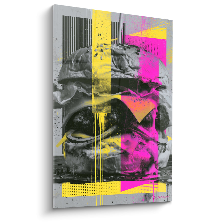 Tableau Burger noir et blanc aux éclaboussures fluo - Explosion urbaine - Edition Burger
