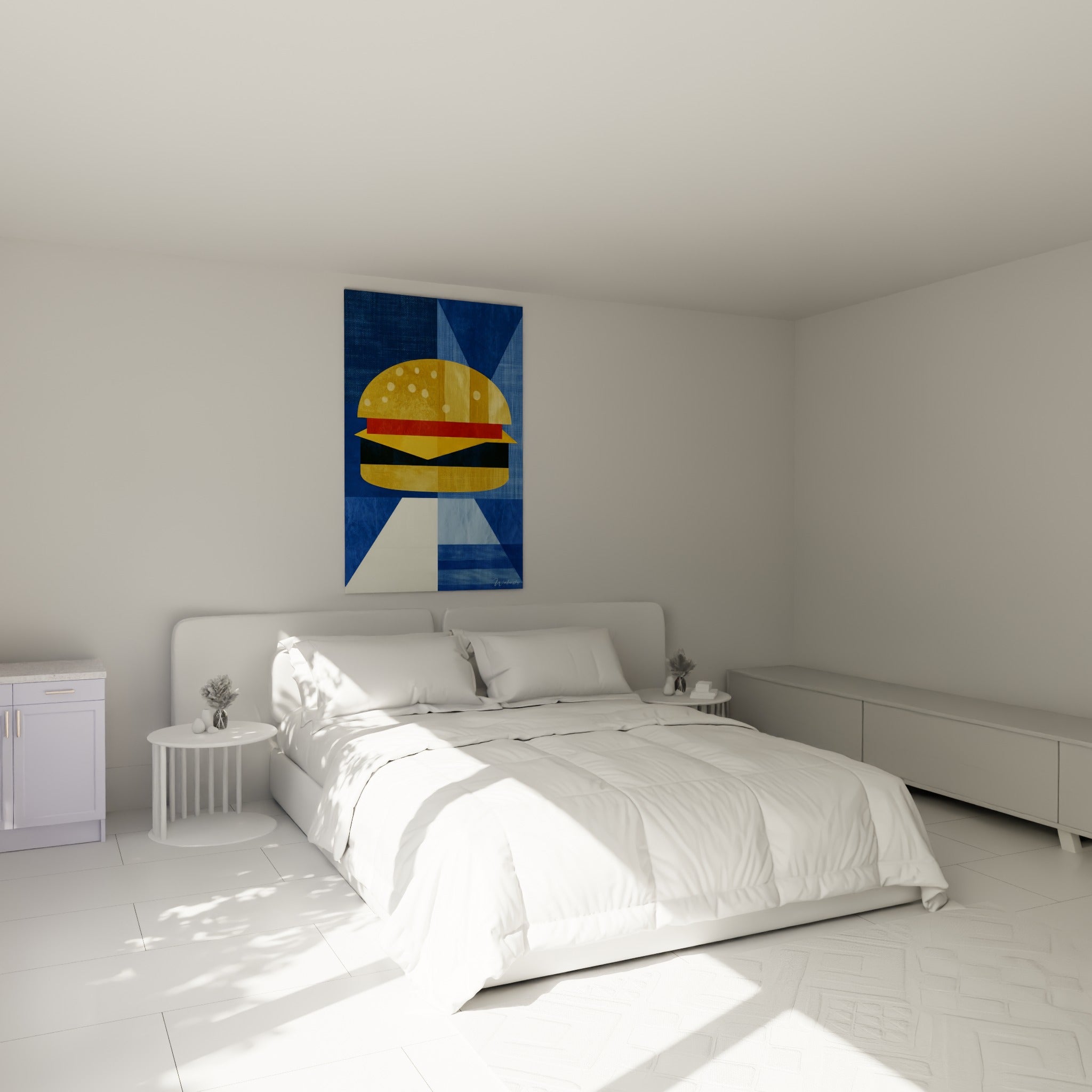 Burger jaune moutarde et rouge tomate sur fond bleu, accroché au-dessus d'un lit dans une chambre claire