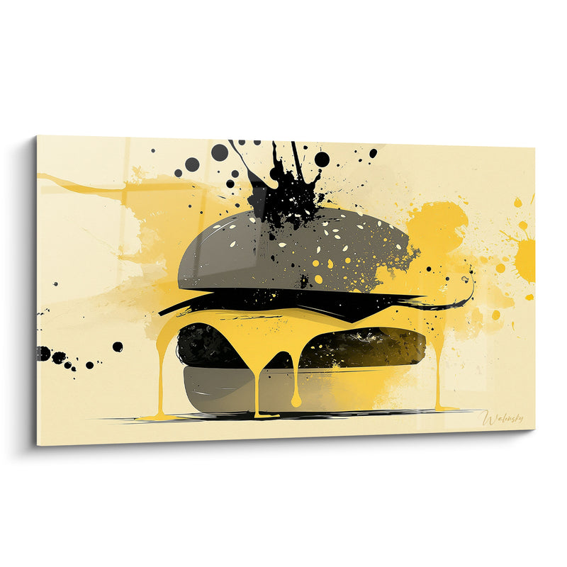 Tableau Burger gris et jaune aux coulures encrées - Fond crème éclaboussé - Edition Burger