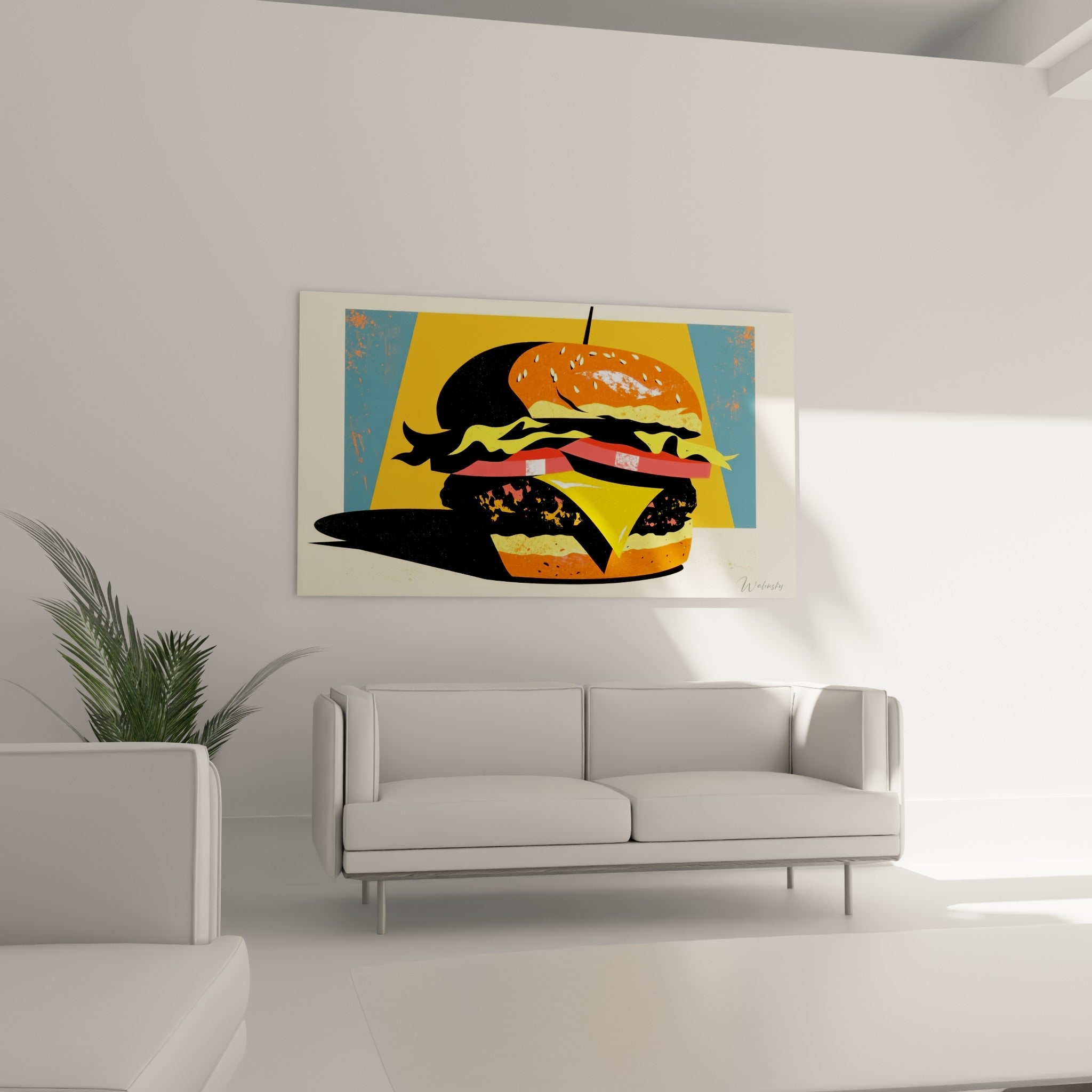 Illustration de burger vif orange et bleu suspendue au-dessus d'un canapé dans un salon lumineux