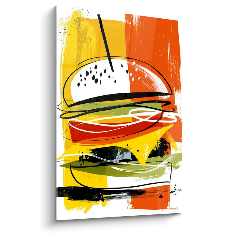 Tableau Burger jaune et orange aux traits esquissés - Fond en aplats colorés - Edition Burger