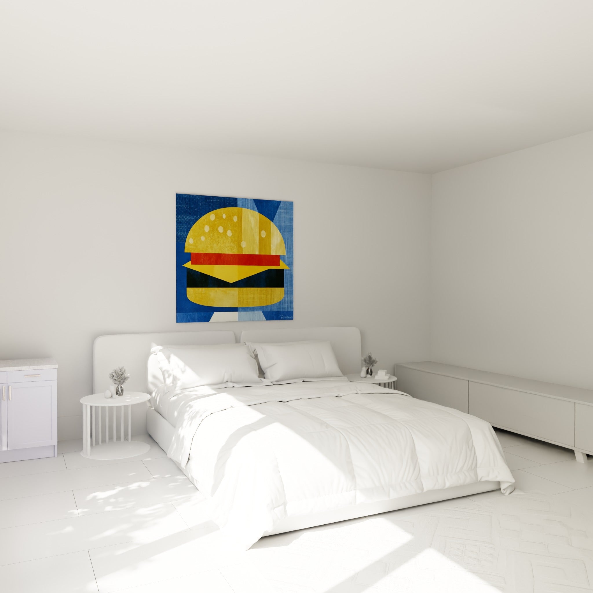Composition graphique d'un burger jaune et rouge au-dessus d'un lit dans une chambre claire