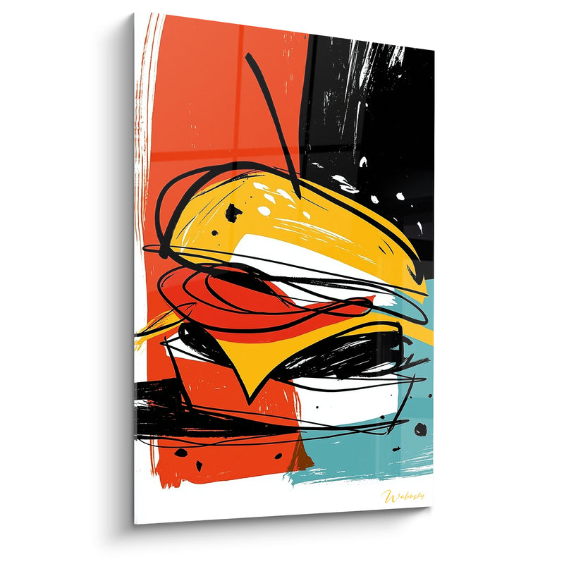 Tableau Burger jaune et rouge au trait griffé - Croquis gourmand - Edition Burger