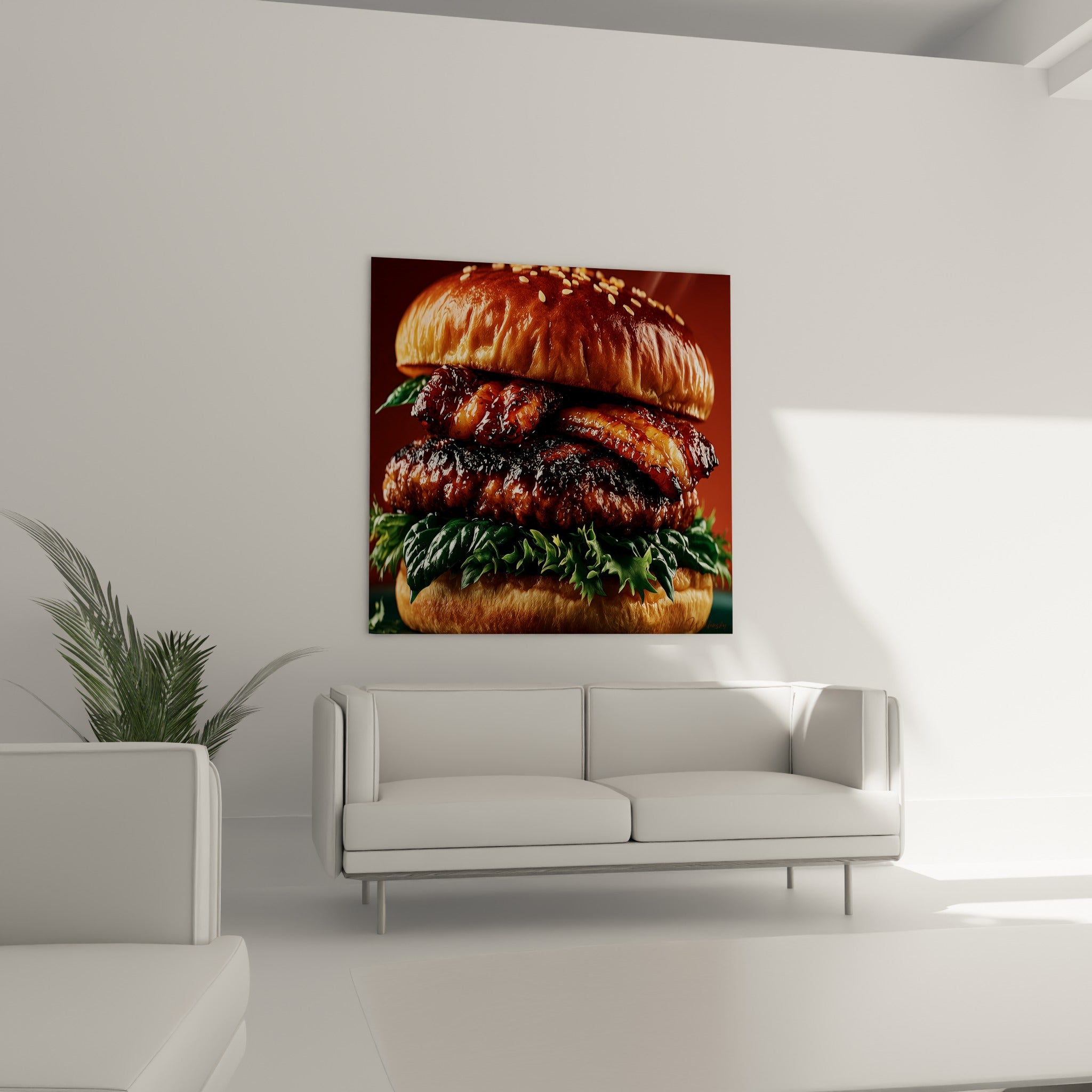 Viande caramélisée et laitue verte du burger au-dessus d'un canapé dans un salon lumineux