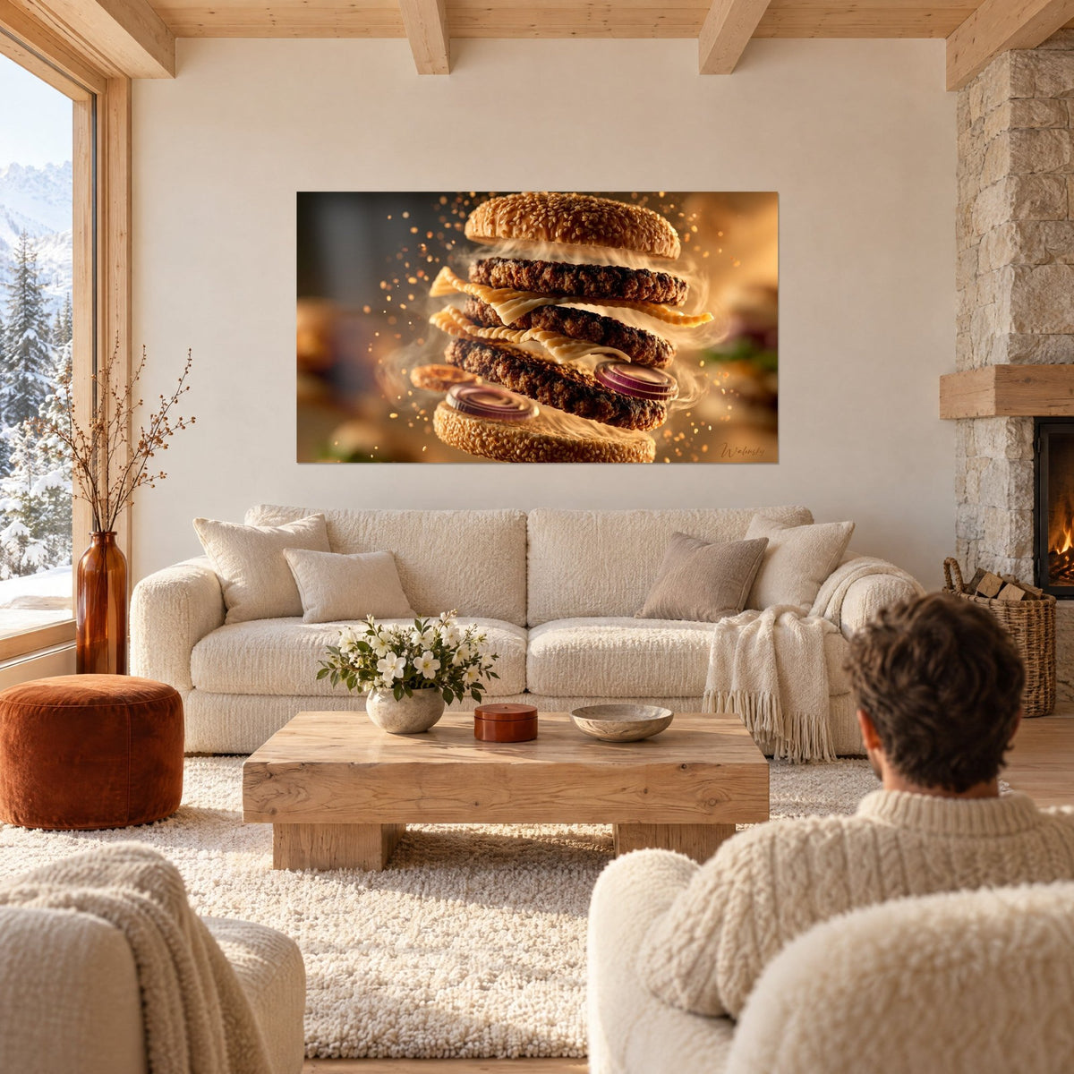Tableau burger géant aux steaks empilés, buns sésame dorés et oignon rouge, en suspension, au-dessus d'un canapé dans un salon lumineux