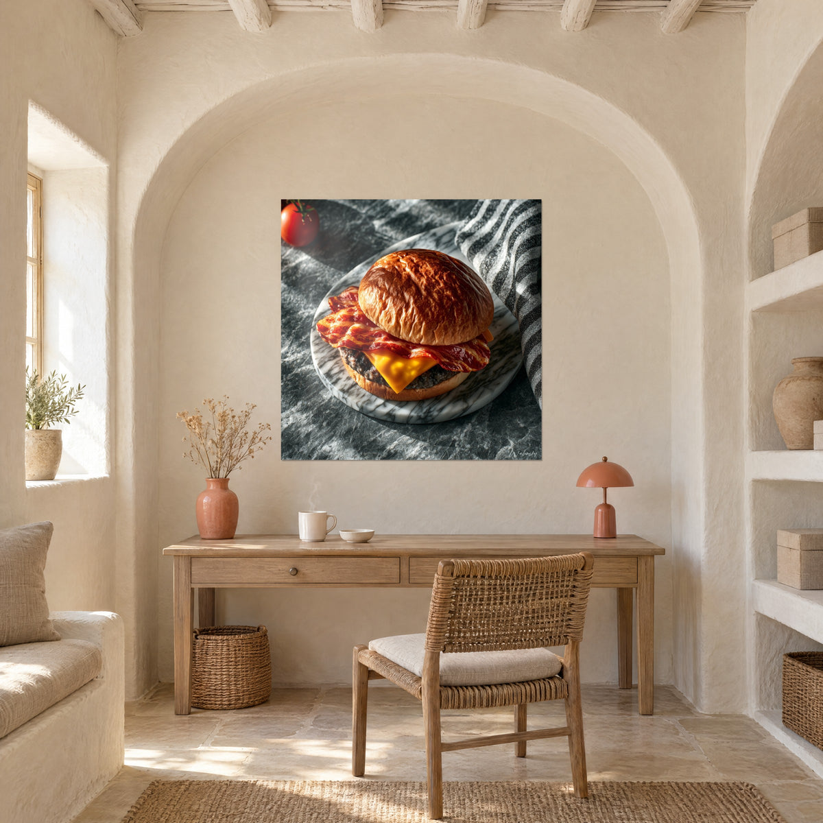 Schilderij burger met gerookte bacon in zijlicht, grijze bladschaduwen op het tafellaken, gewelfde muur van een wit kantoor met houten console