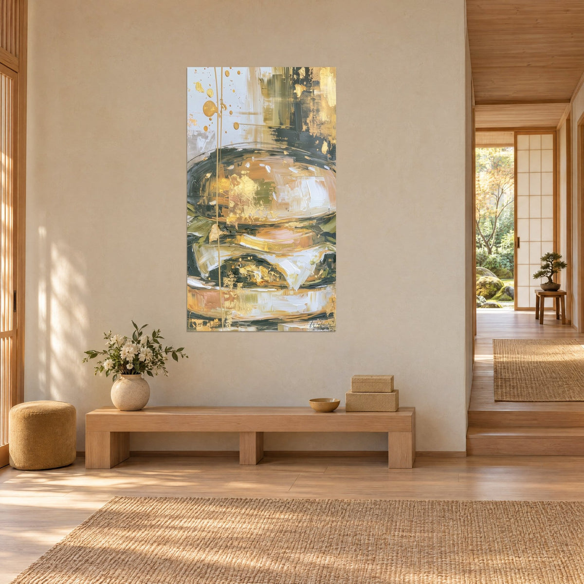 Wall art giant sandwich in ochre and charcoal black impasto, golden vertical drips, three-quarter view on a beige wall