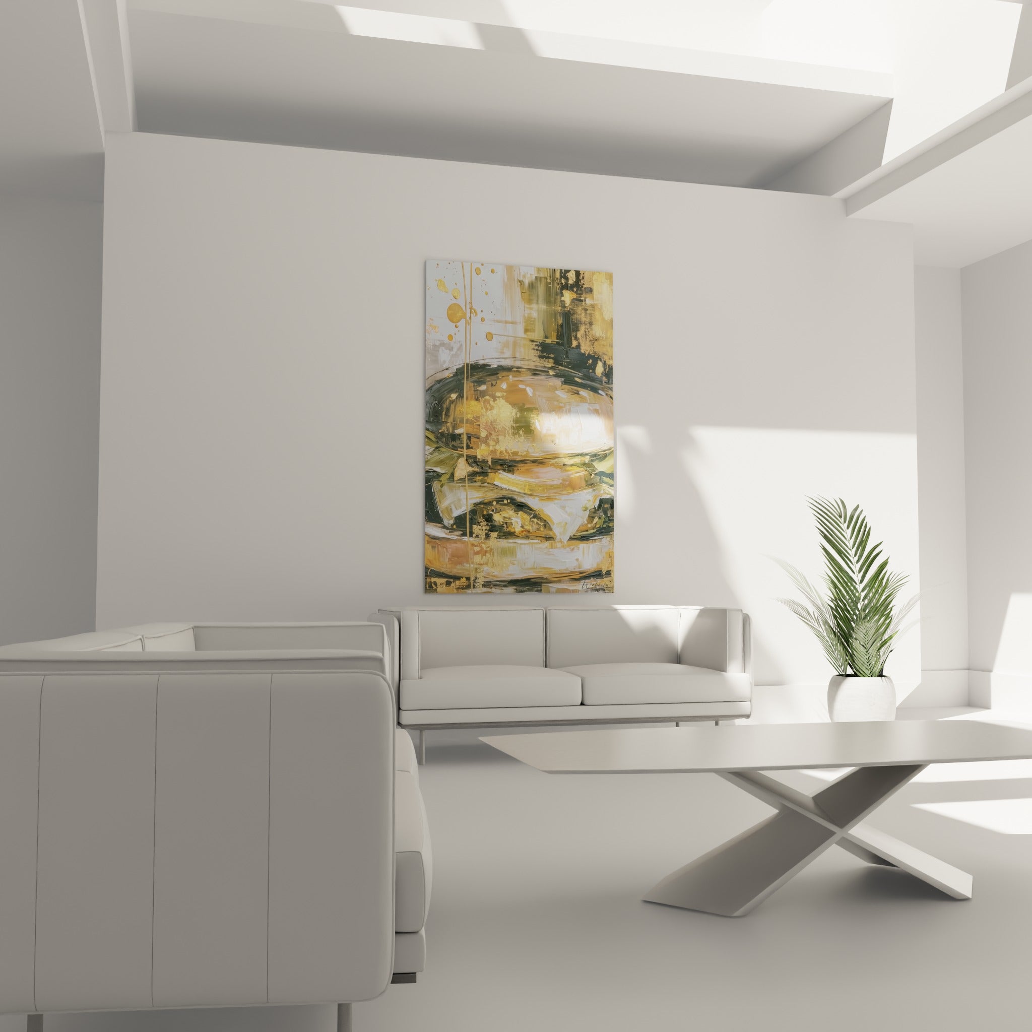 Matière dorée et sombre du tableau burger disposée au-dessus d'un canapé dans un salon lumineux