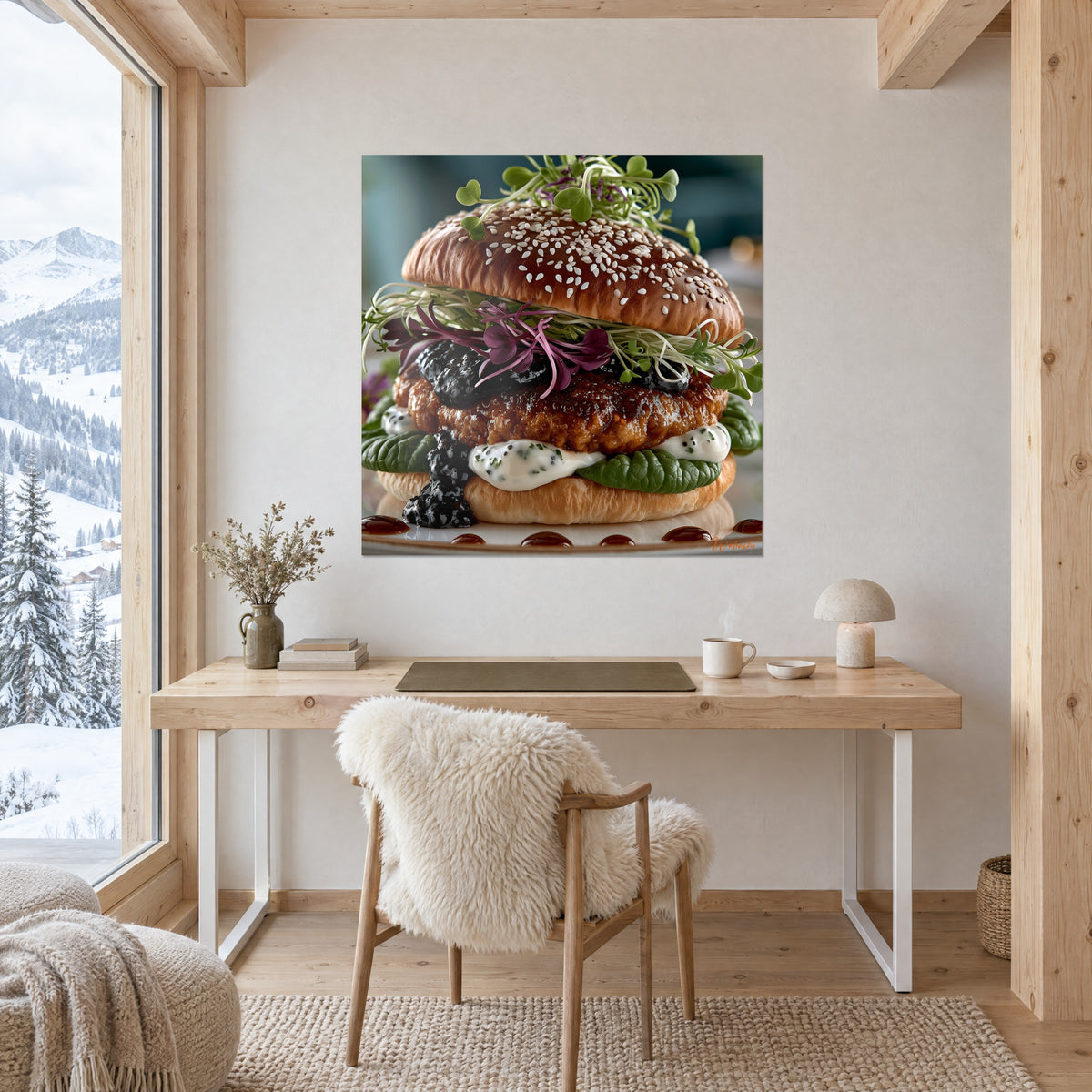 Tableau burger raffiné au pain brillant, germes verts et mayonnaise crémeuse blanche, accroché au-dessus d'un bureau en bois clair