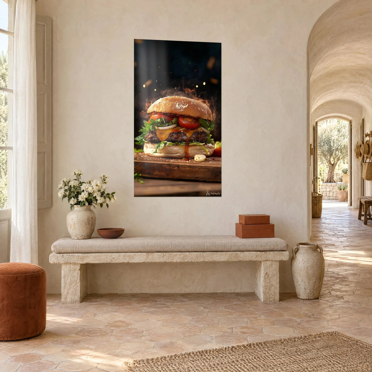 Cuadro hamburguesa humeante, queso cheddar anaranjado fundido y rúcula verde, vista de tres cuartos en una masía provenzal