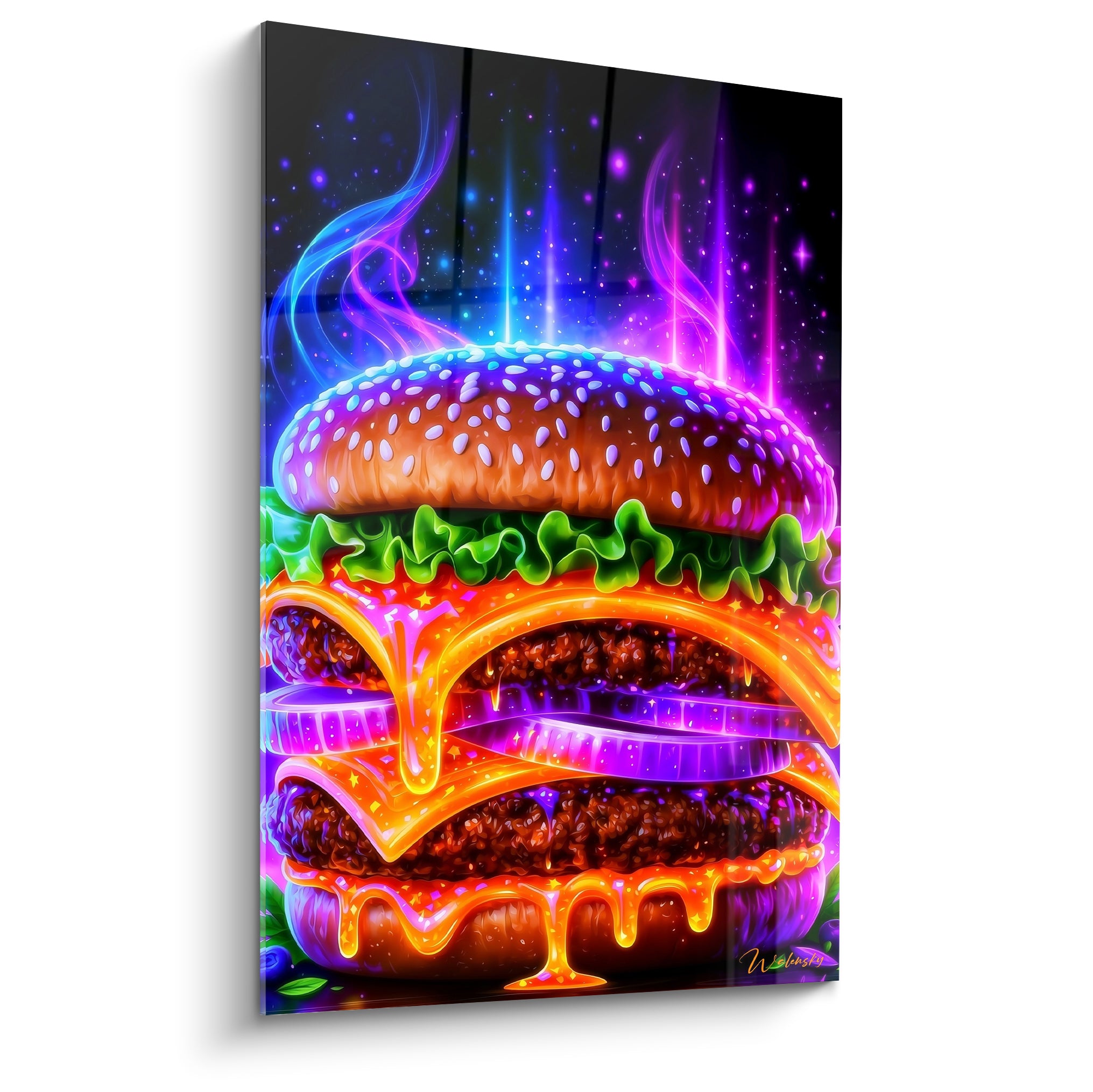 Burger double aux couleurs violette et orange fluorescentes sur fond étoilé noir profond