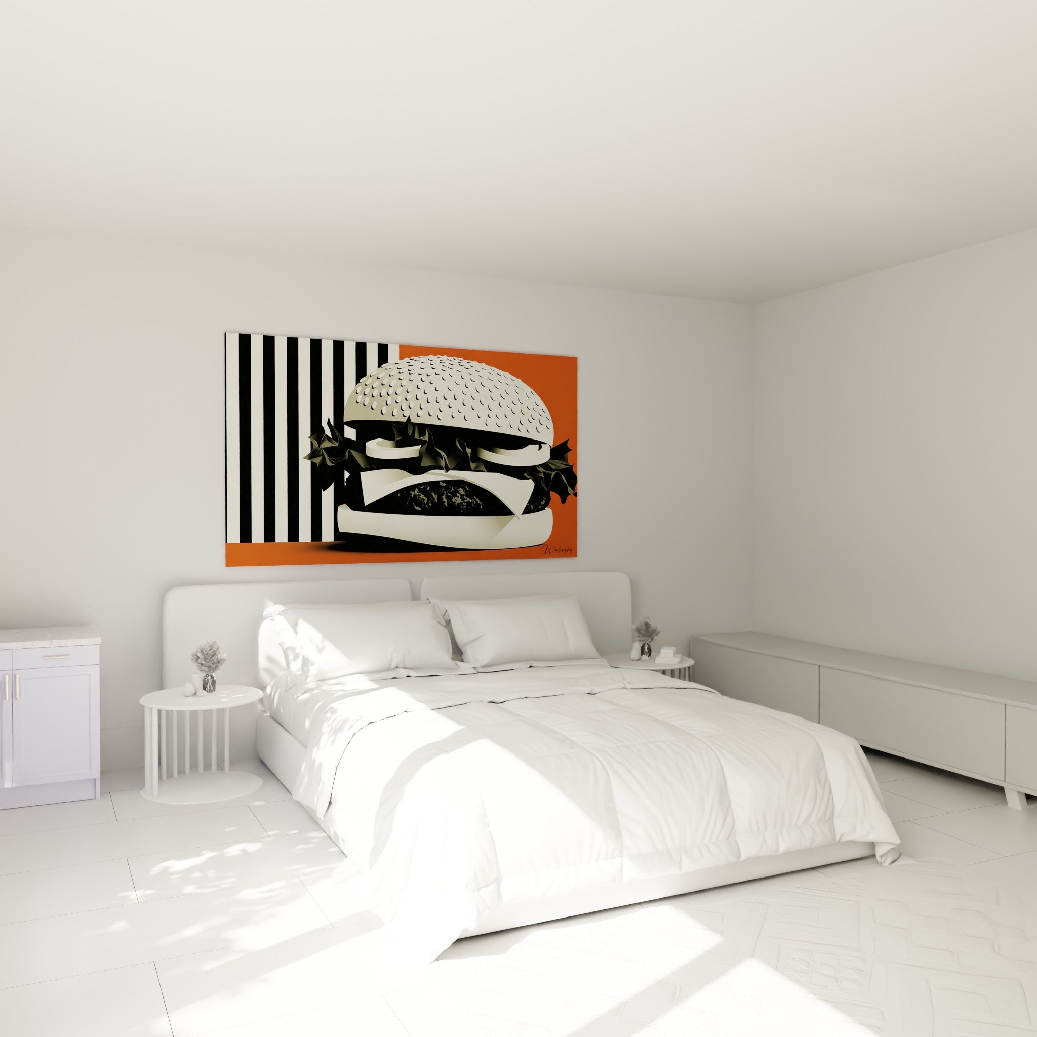 Sandwich terracotta et noir illustré avec précision, accroché au-dessus d'un lit dans une chambre claire