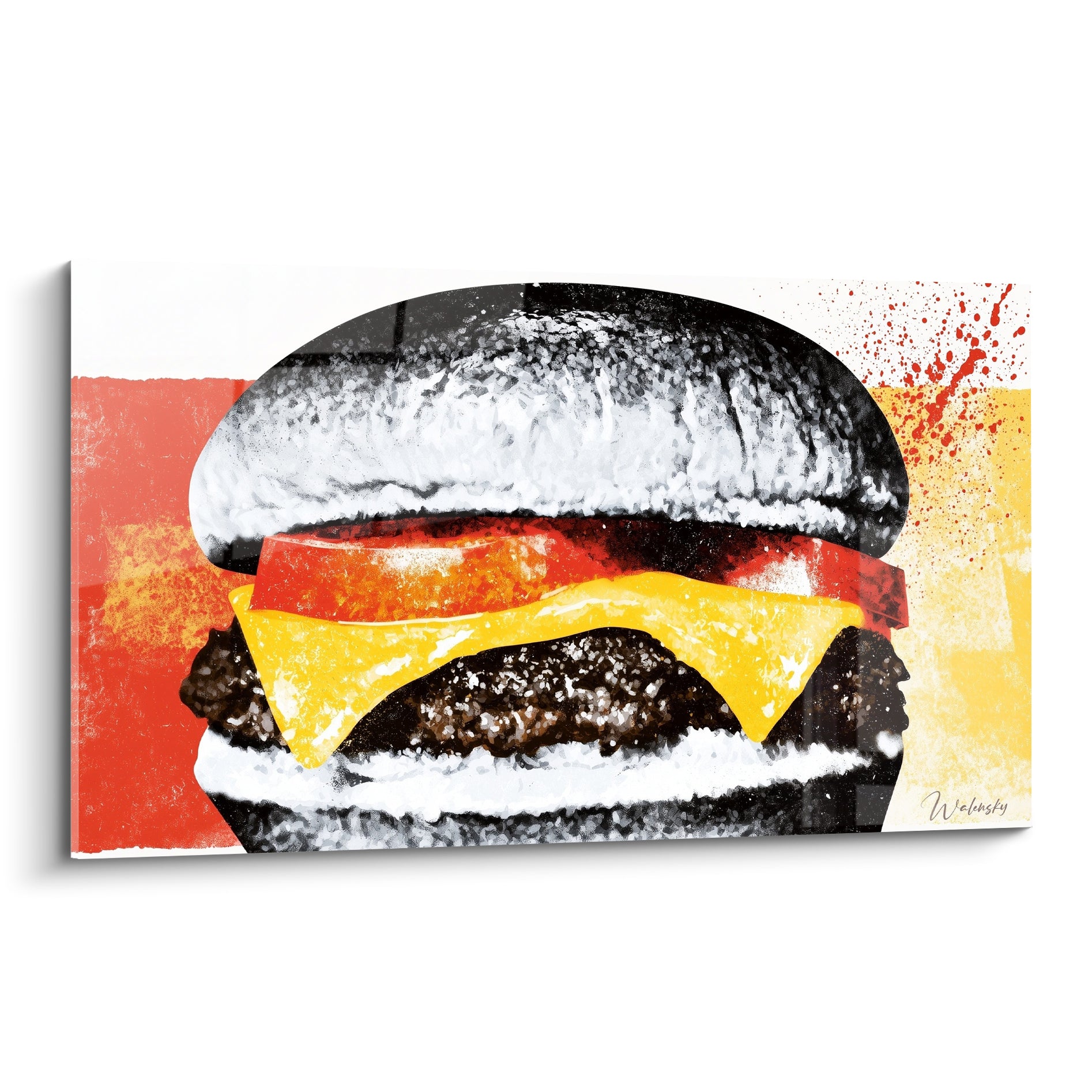 Cheeseburger noir et blanc avec cheddar jaune et tomate rouge peint en gros plan