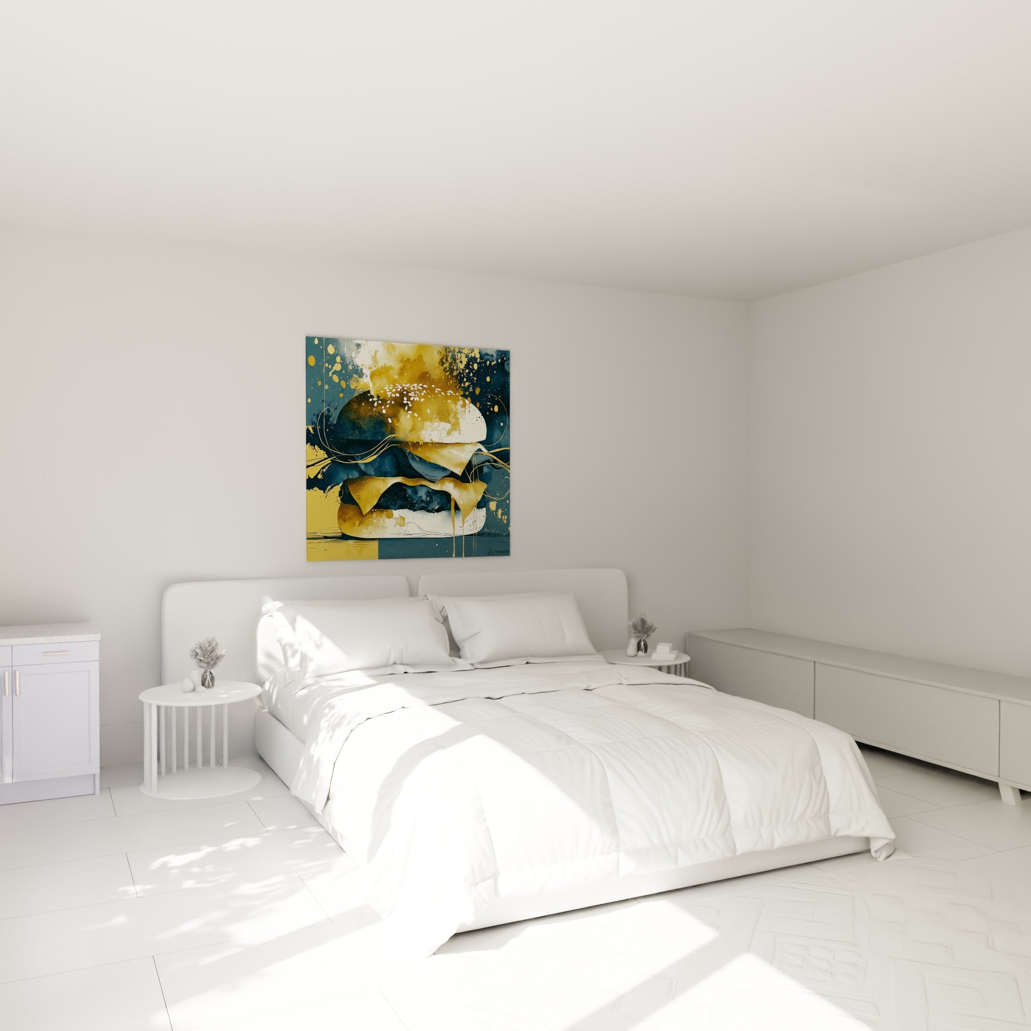 Sandwich stylisé aux teintes ocre et anthracite, accroché au-dessus d'un lit dans une chambre claire