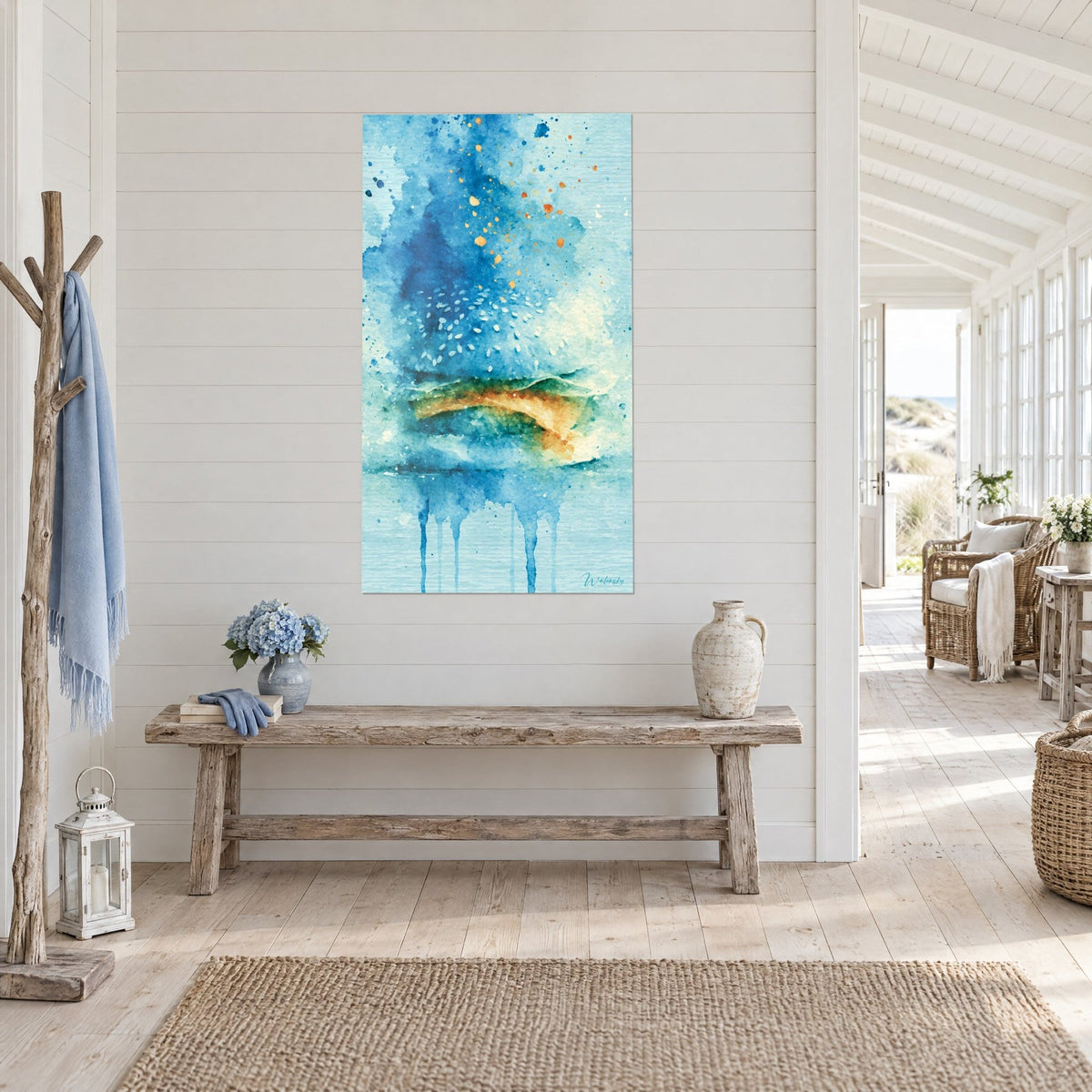 Cuadro sándwich salpicado de azul celeste y toques naranjas, pan dorado bajo un cielo de gotas, vista de tres cuartos cerca de un banco