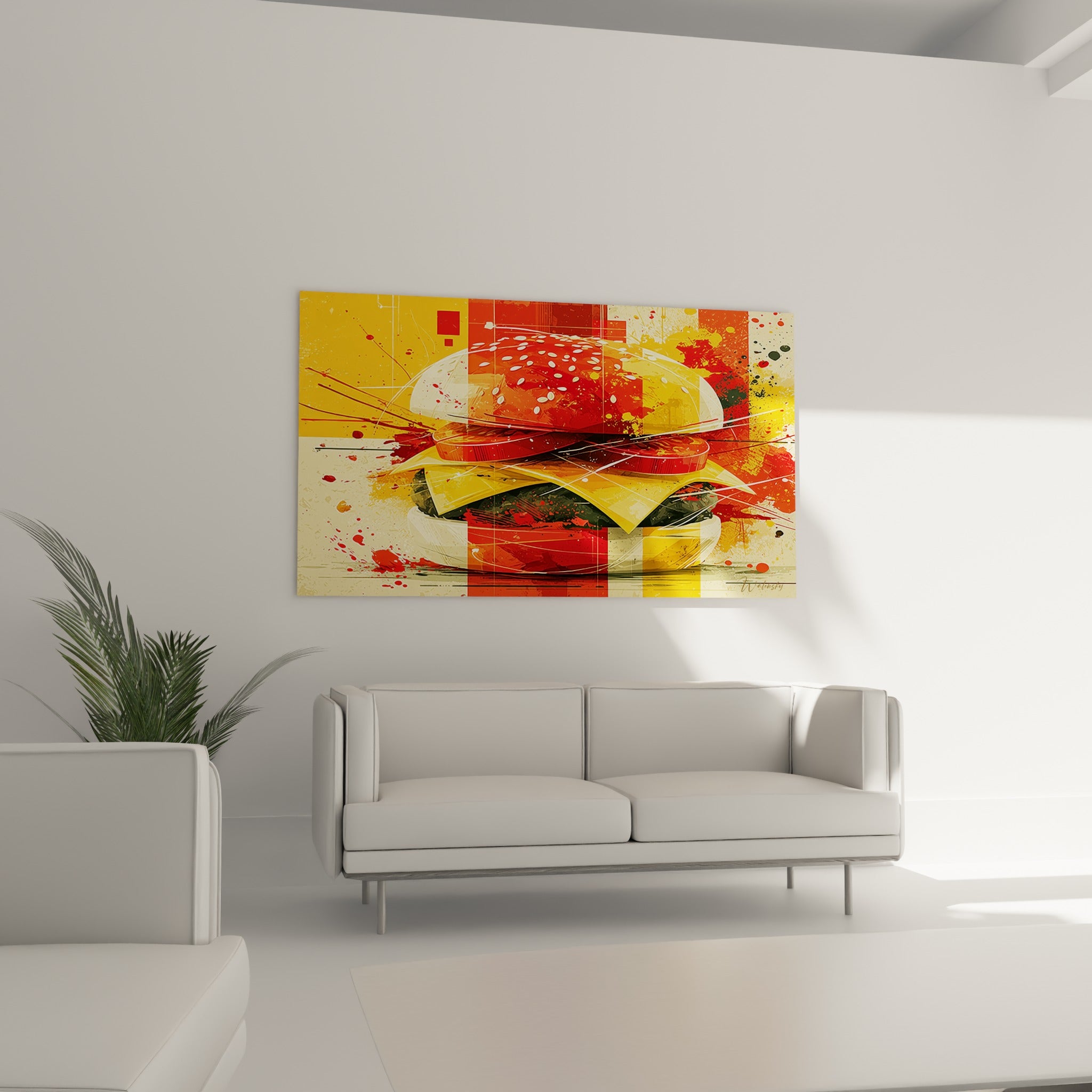 Composition gourmande ocre et rouge vermillon aux éclaboussures dynamiques, au-dessus d'un canapé dans un salon lumineux