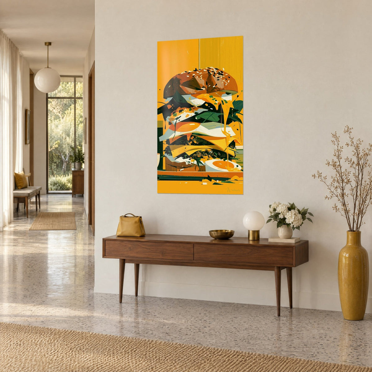 Tableau sandwich empilé au pain sésame brun, fromage fondu orangé coulant sur fond ocre, accroché au-dessus d'une console en bois