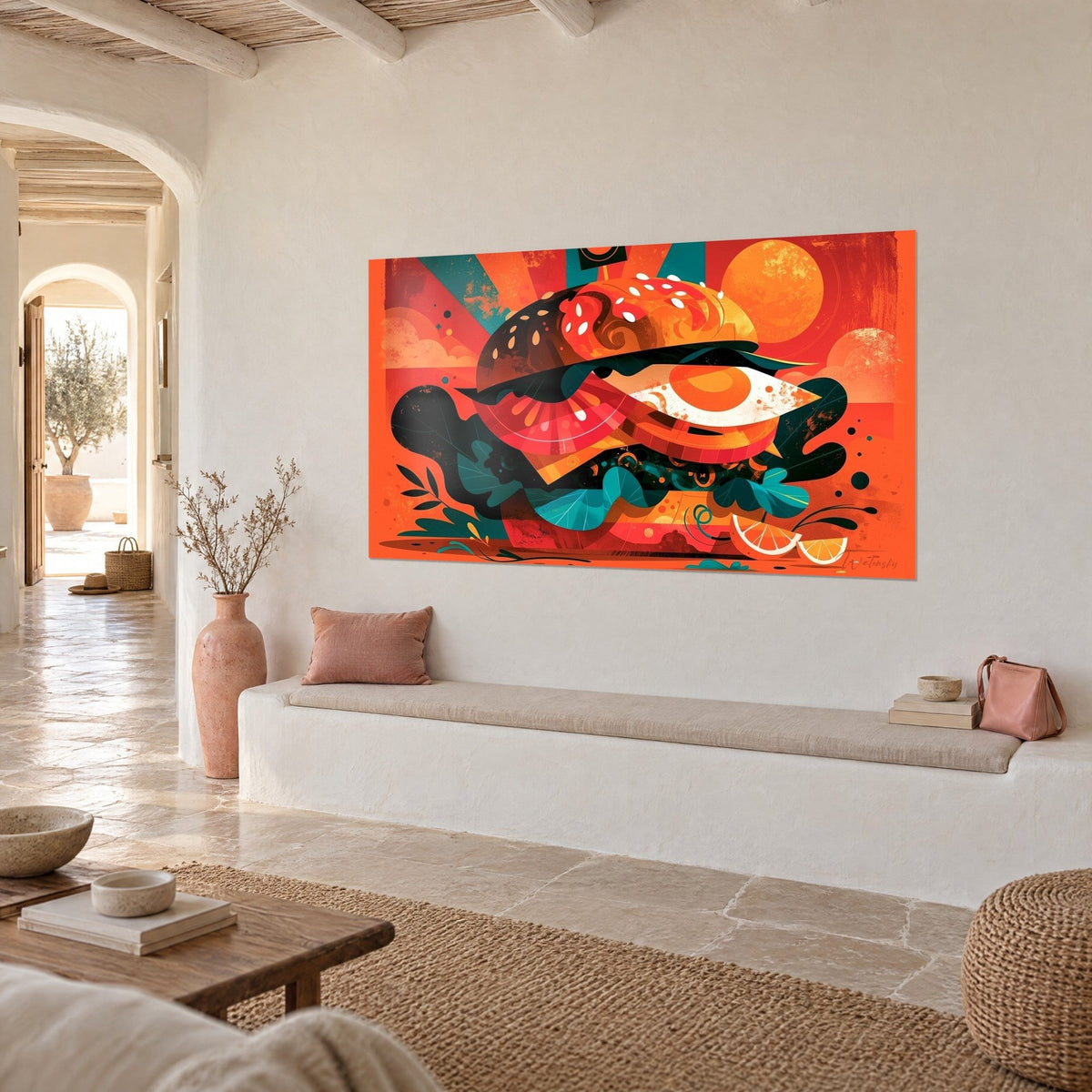 Quadro sandwich gigante in campiture corallo e turchese, uovo al tegamino su fondo rosso vivo, appeso a una parete bianca, panca di pietra