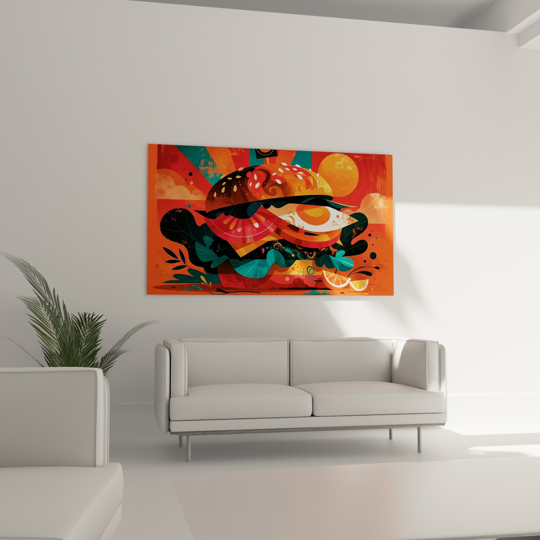 Burger coloré aux motifs géométriques rouge et anthracite au-dessus d'un canapé dans un salon lumineux