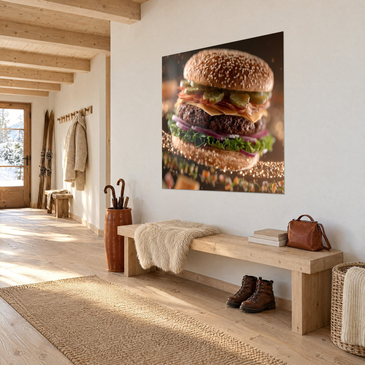 Tableau cheeseburger au pain sésame brun, steak grillé et salade verte, accroché en trois-quarts dans une entrée de chalet